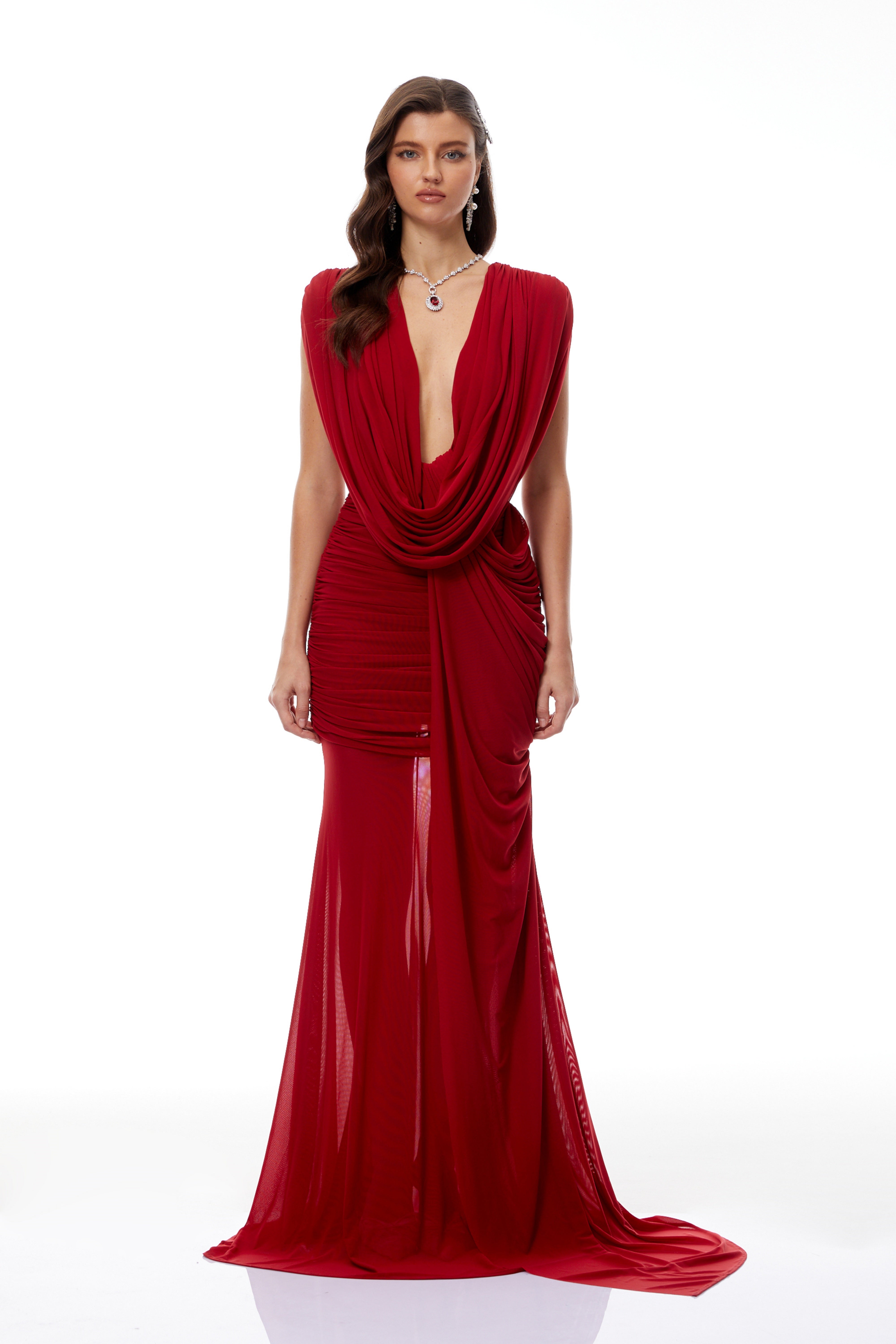 Fíona Red Asymmetrcial Draped Maxi Gown