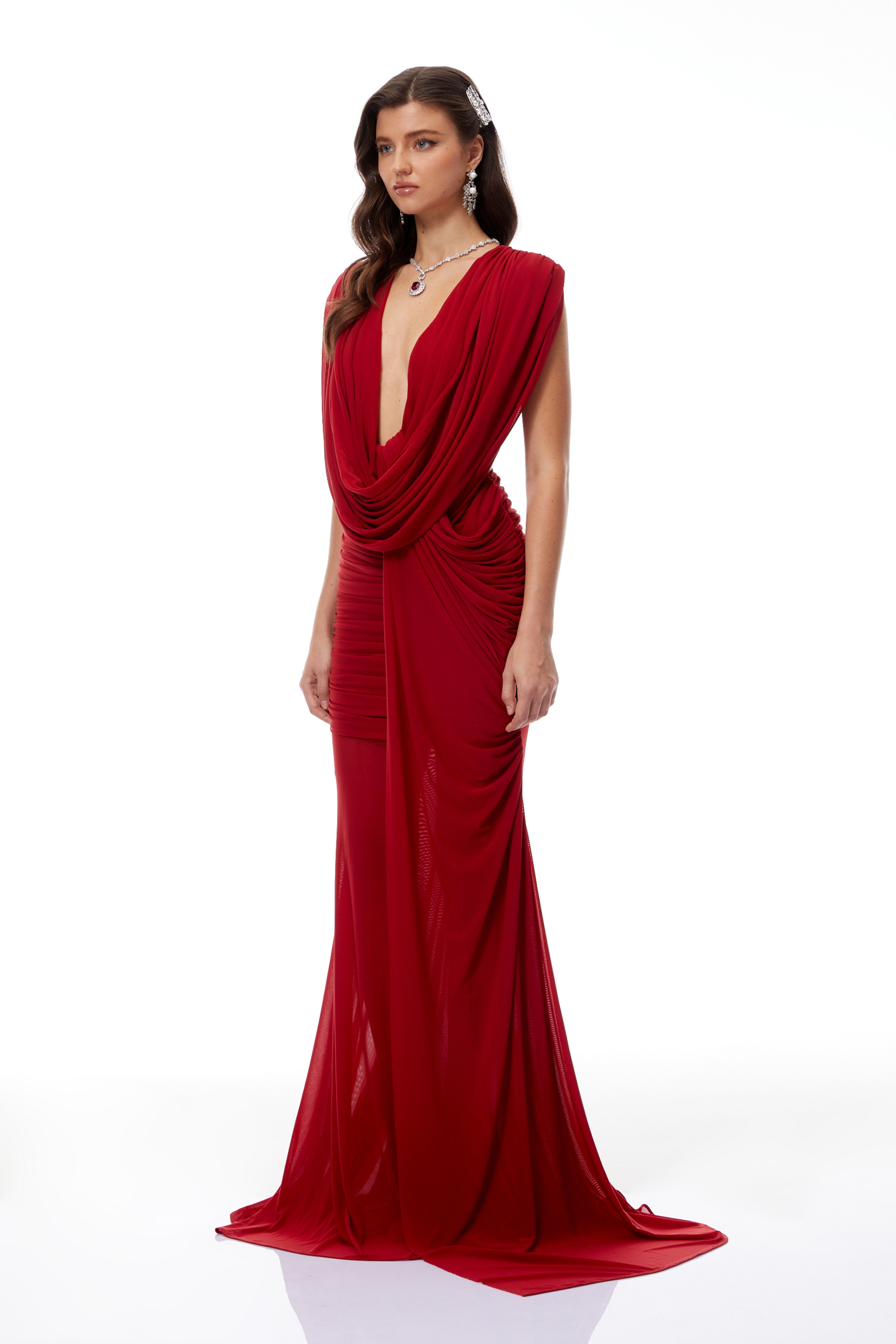 Fíona Rotes asymmetrisches drapiertes Maxikleid