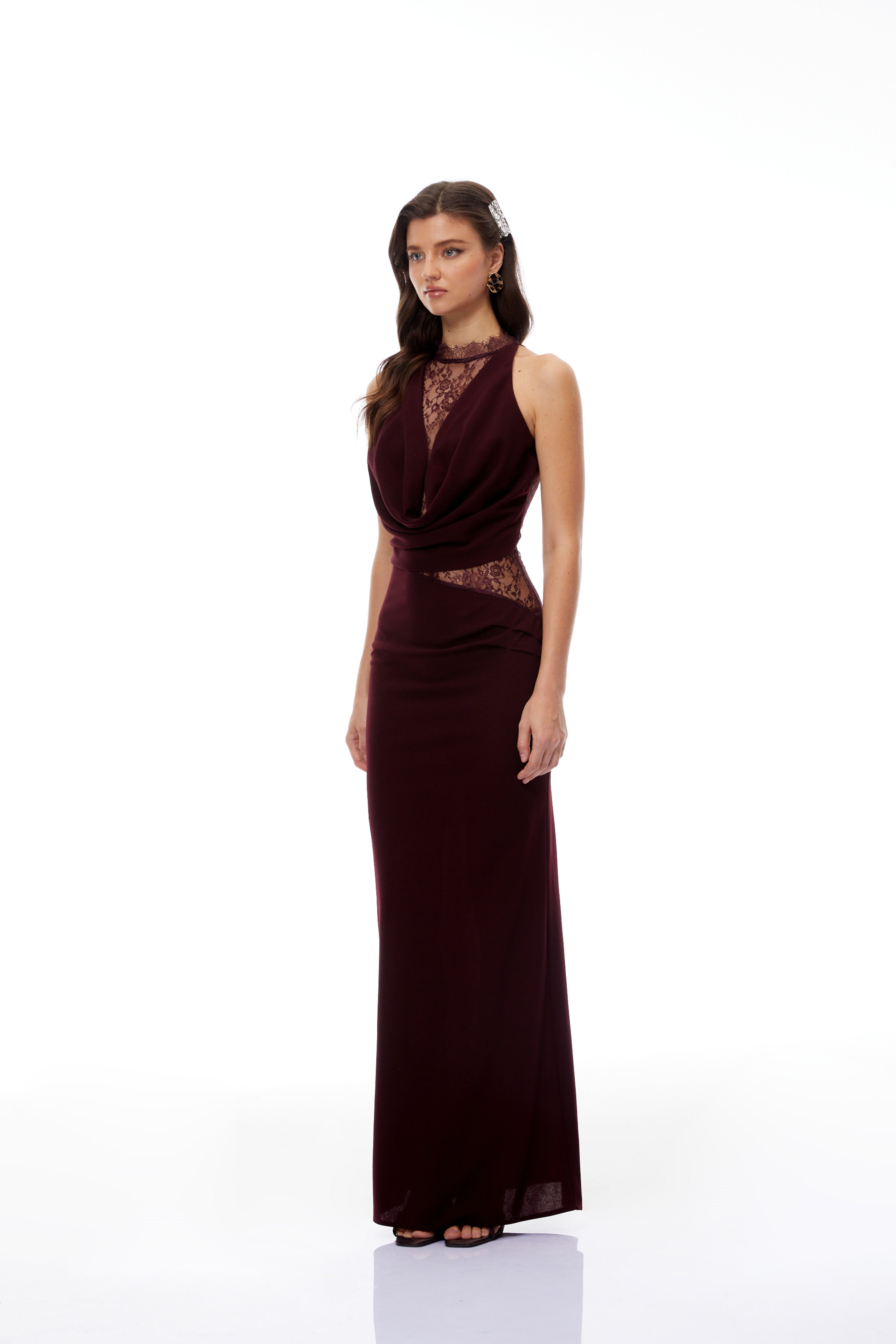 Gioconda Burgundy Halterneck Lace Panel Maxi Dress