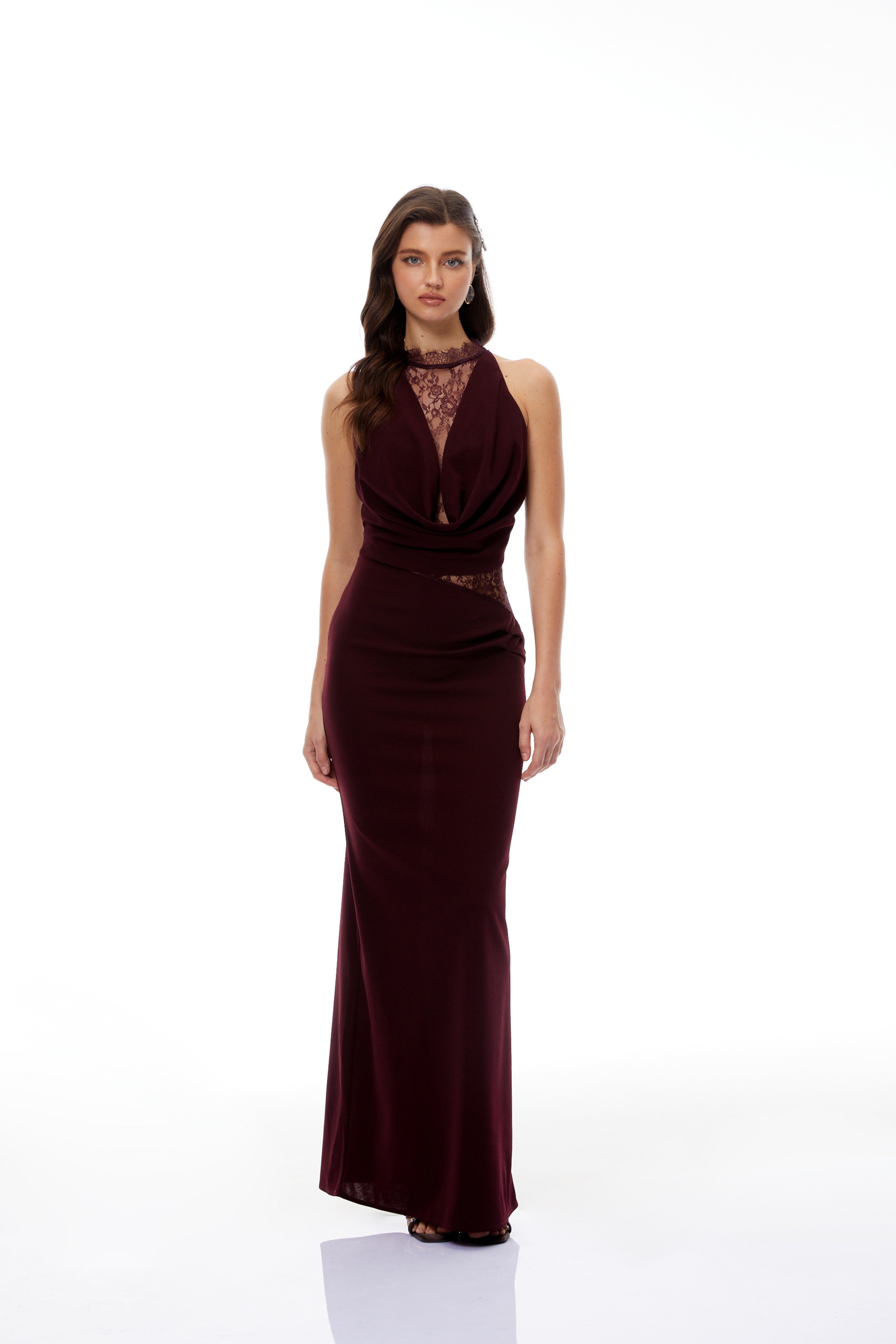 Gioconda Burgundy Halterneck Lace Panel Maxi Dress