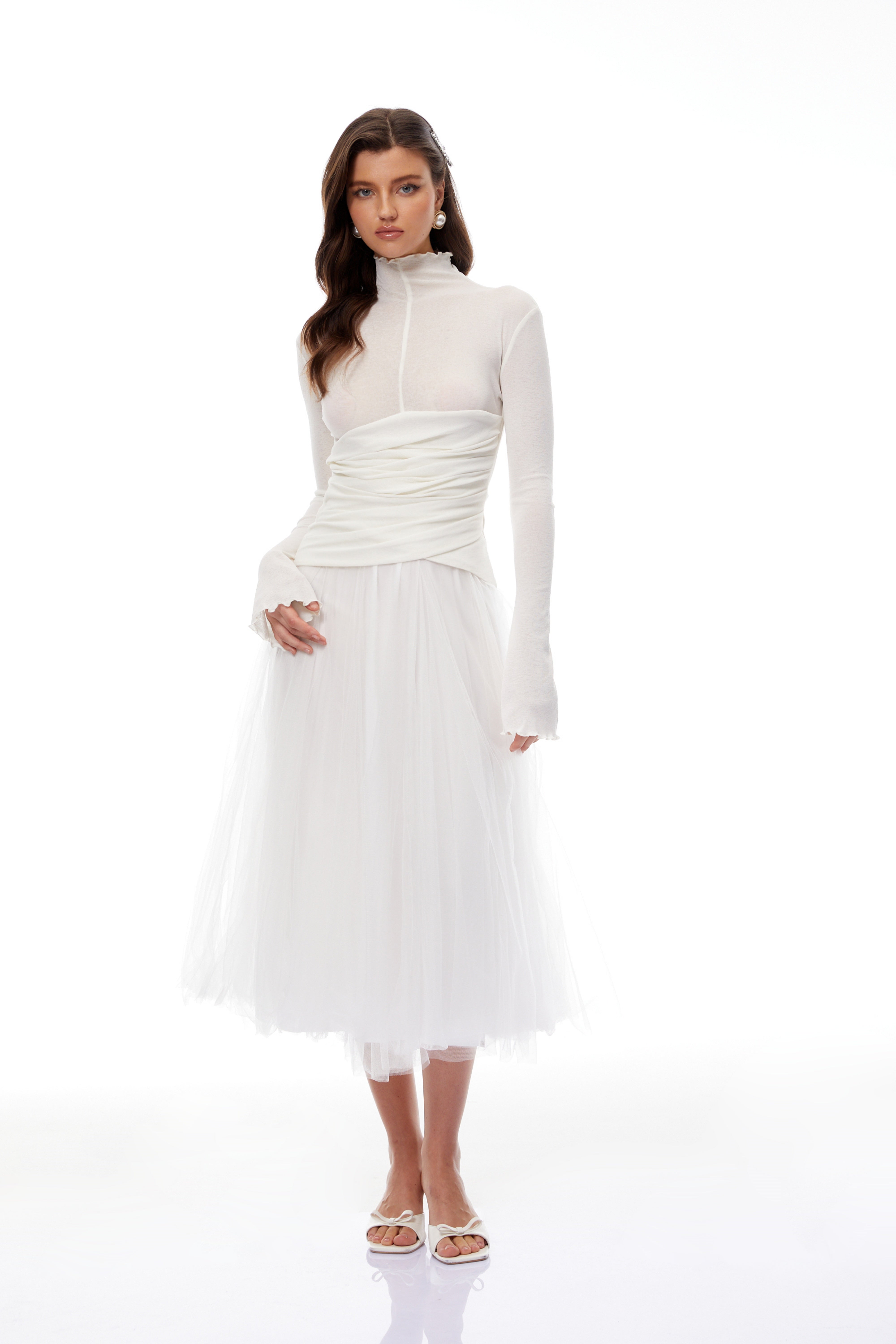 Lark White Tulle Panel Knit Midi Dress