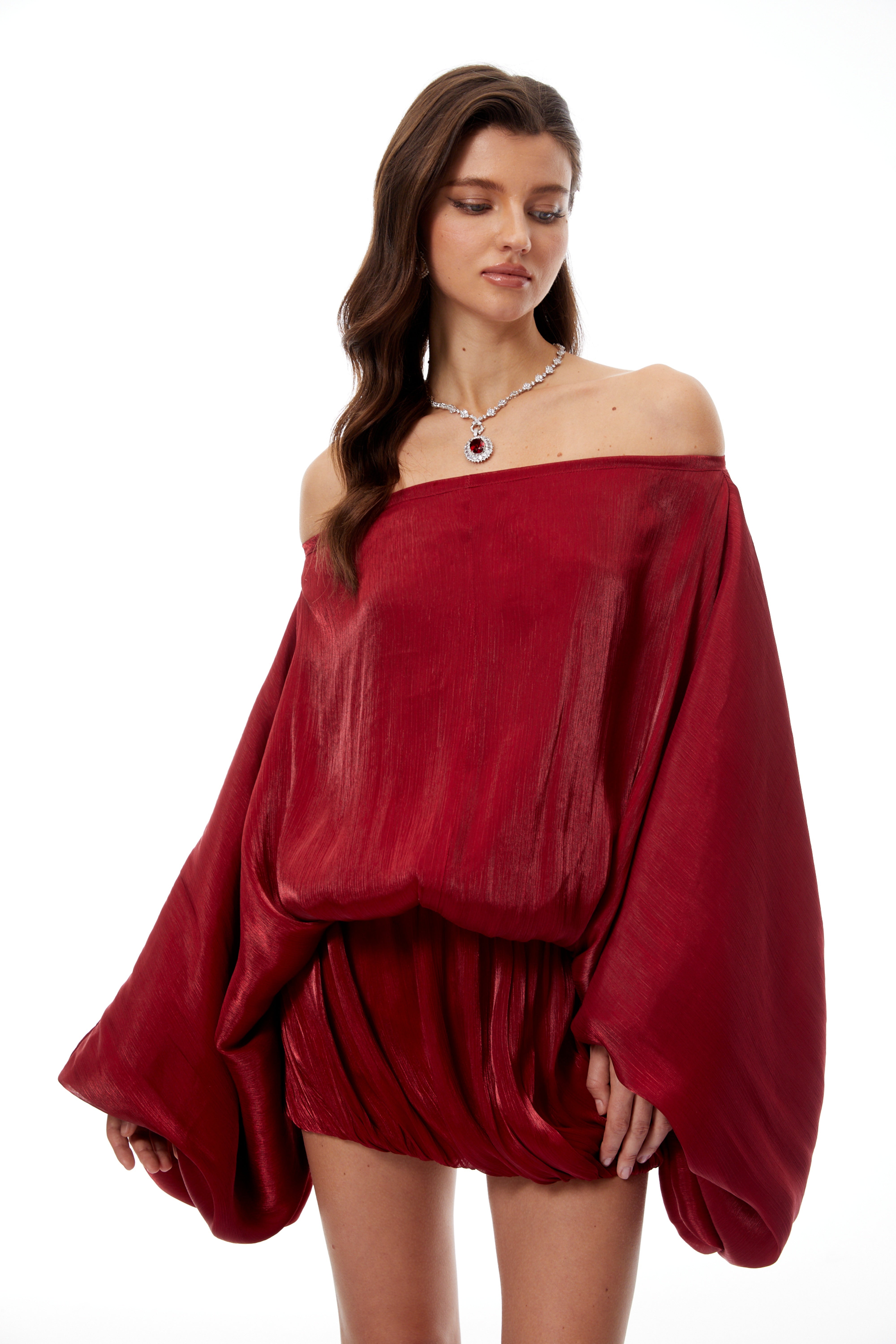 Patrizia Red Off Shoulder Glossy Mini Dress