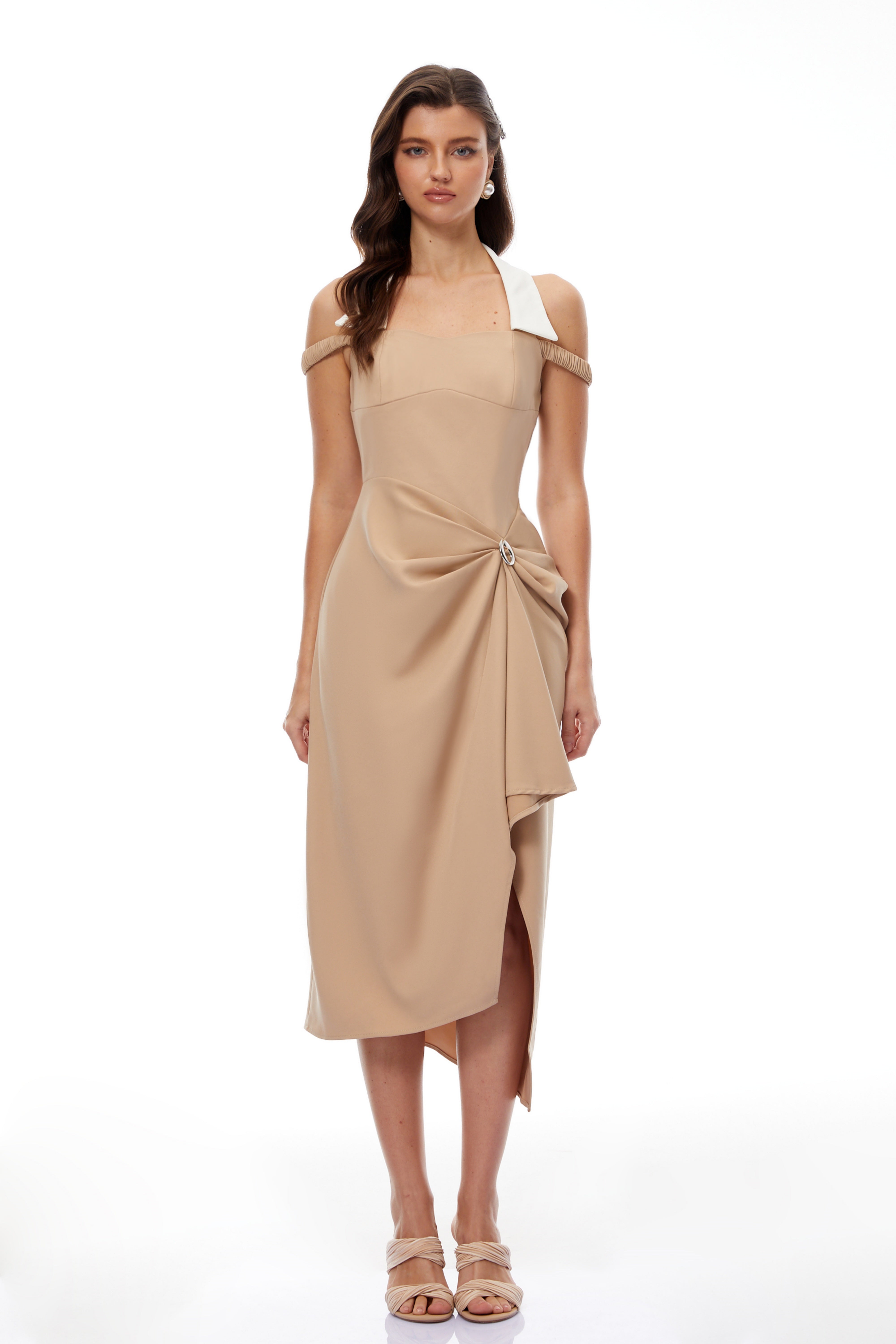 Kaelin Khaki Halterneck Asymmetrical Gathered Midi Dress