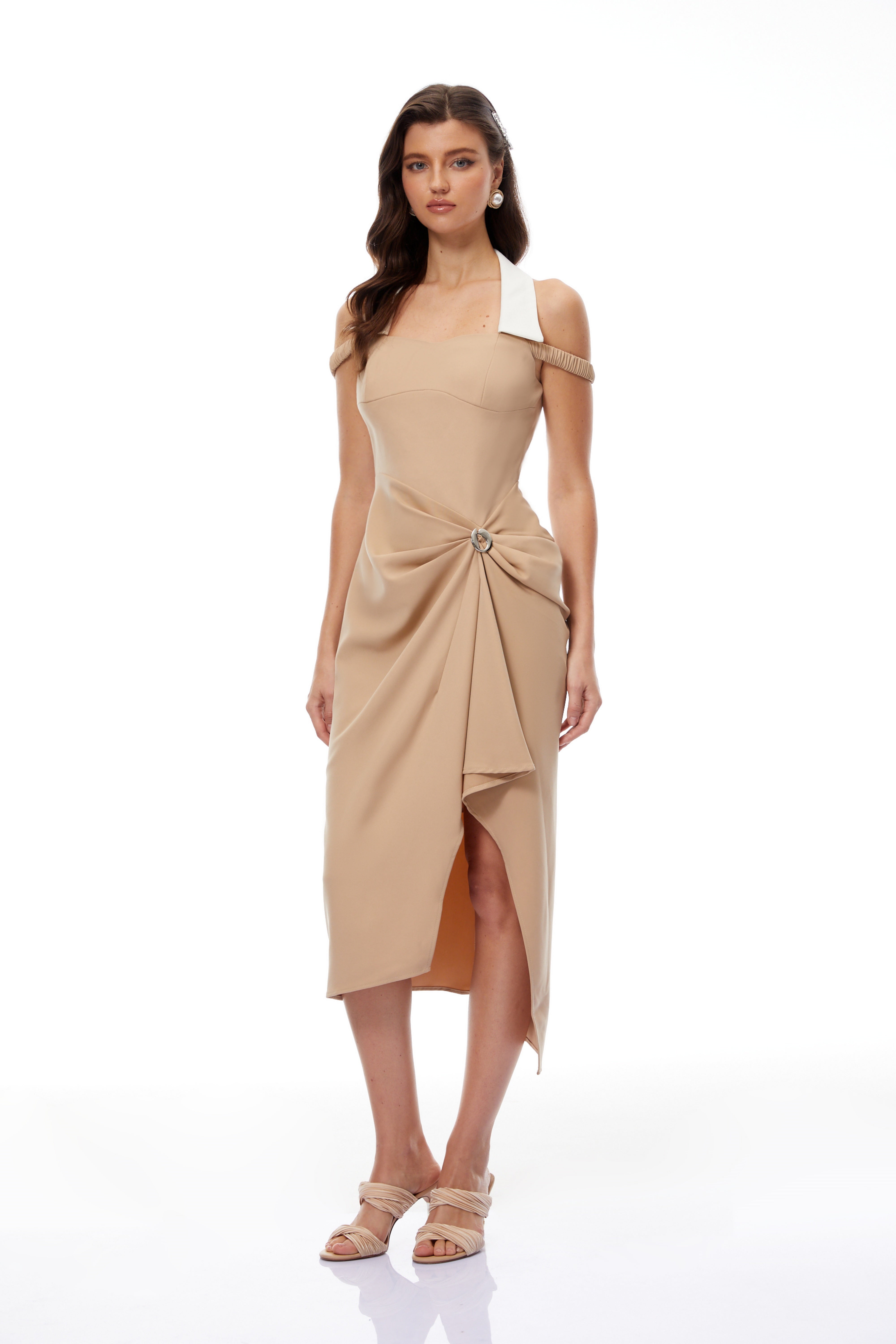Kaelin Khaki Halterneck Asymmetrical Gathered Midi Dress