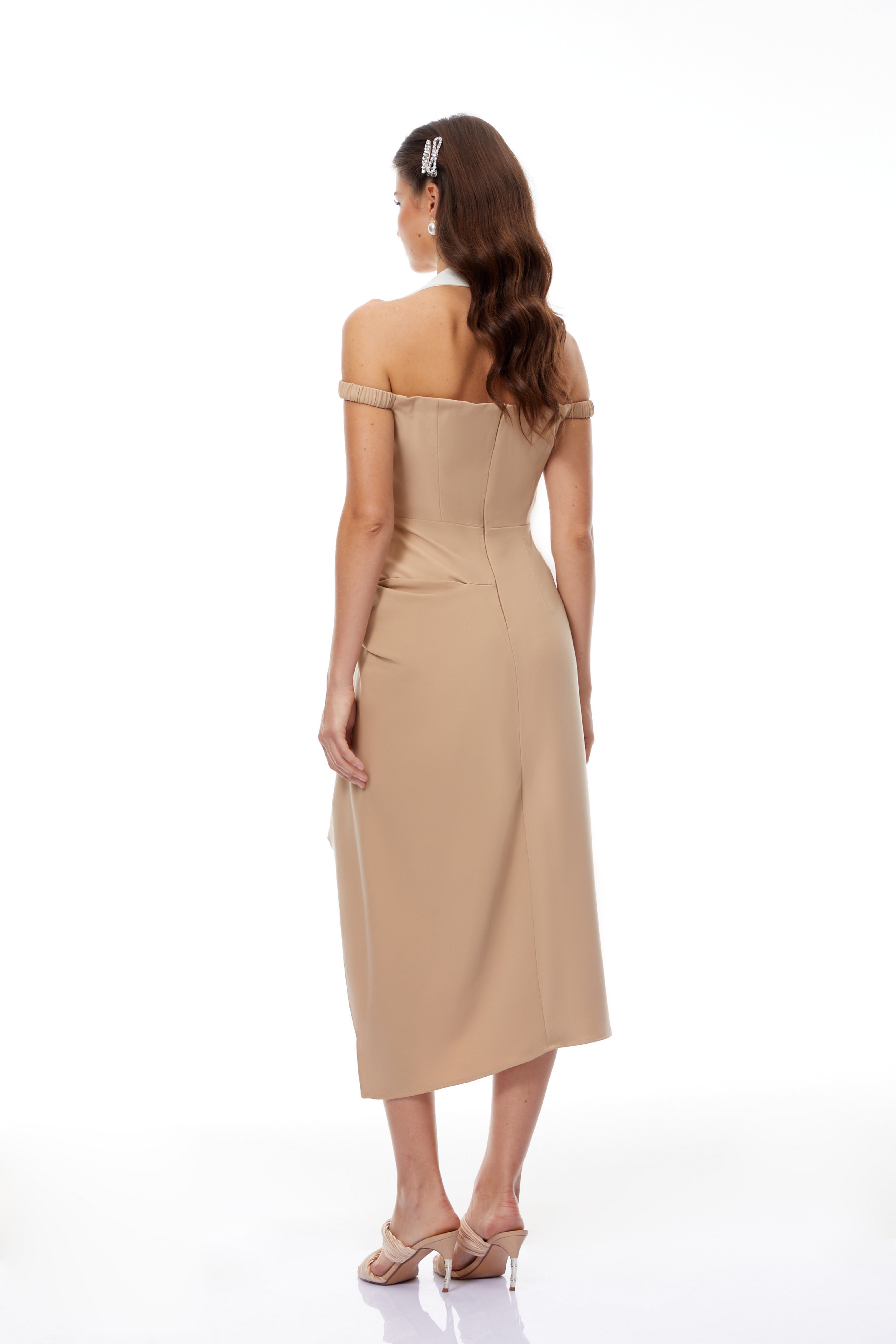 Kaelin Khaki Halterneck Asymmetrical Gathered Midi Dress
