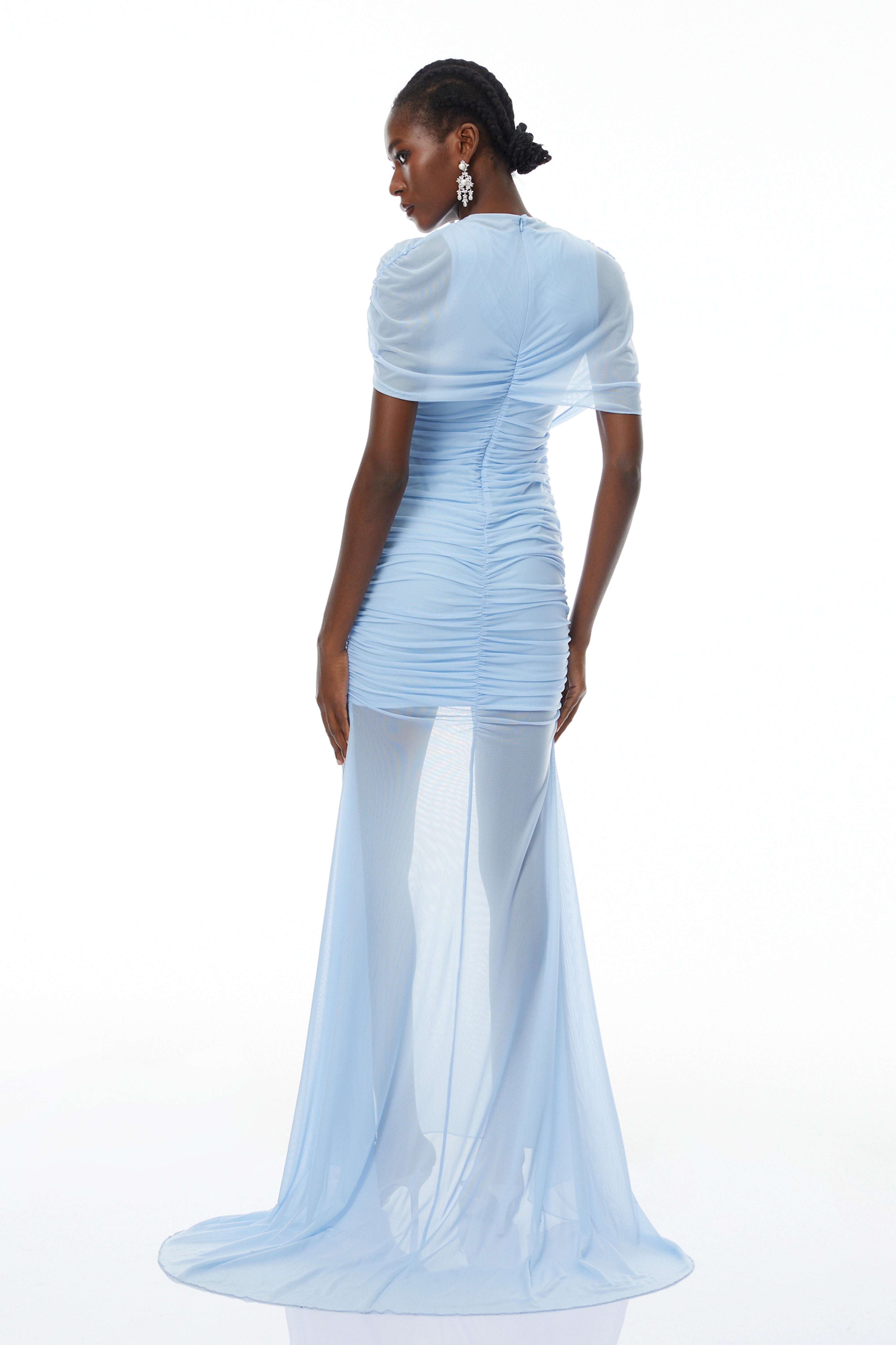 Sylphe Blue Asymmetrical Ruched Mesh Maxi Dress