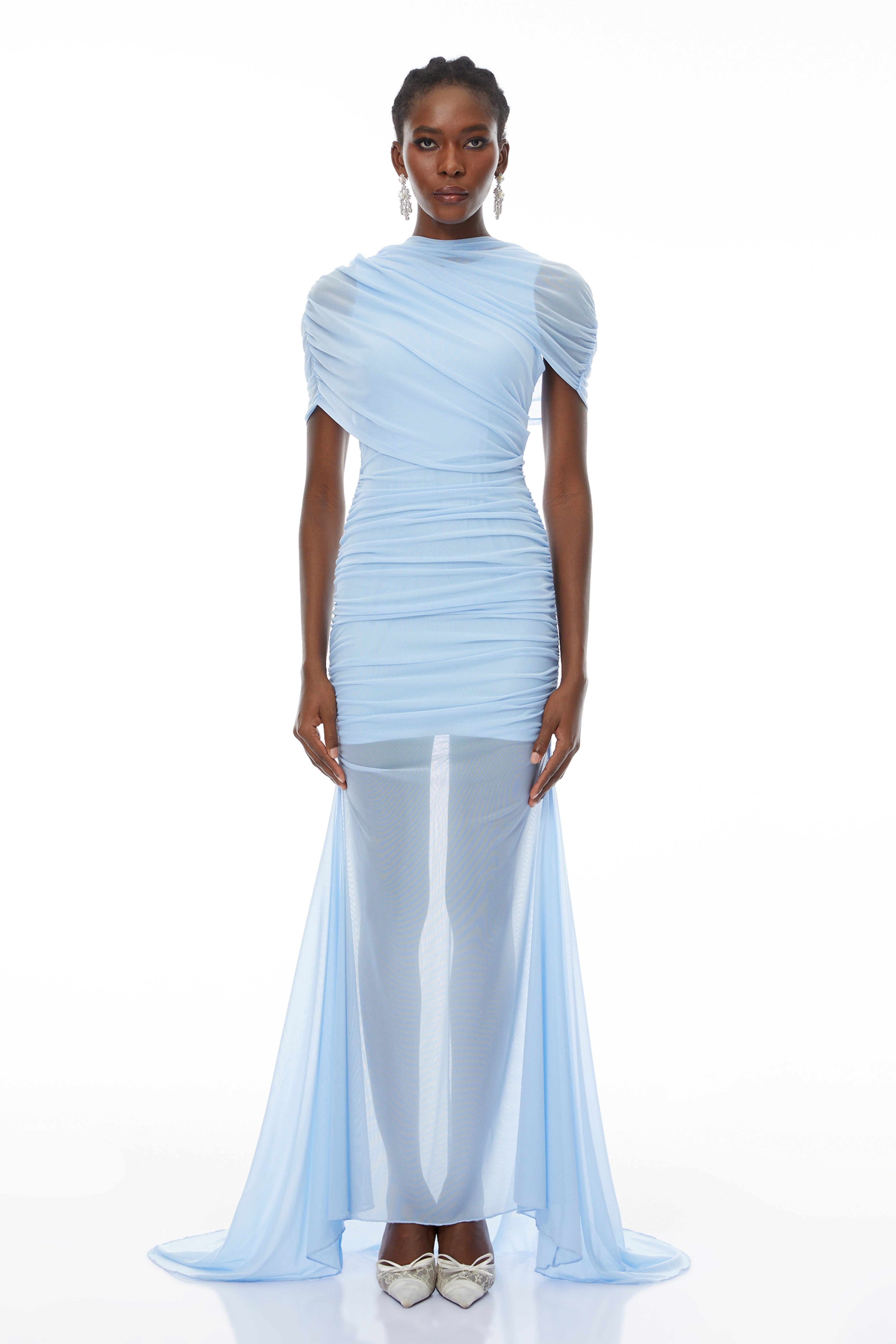 Sylphe Blue Asymmetrical Ruched Mesh Maxi Dress