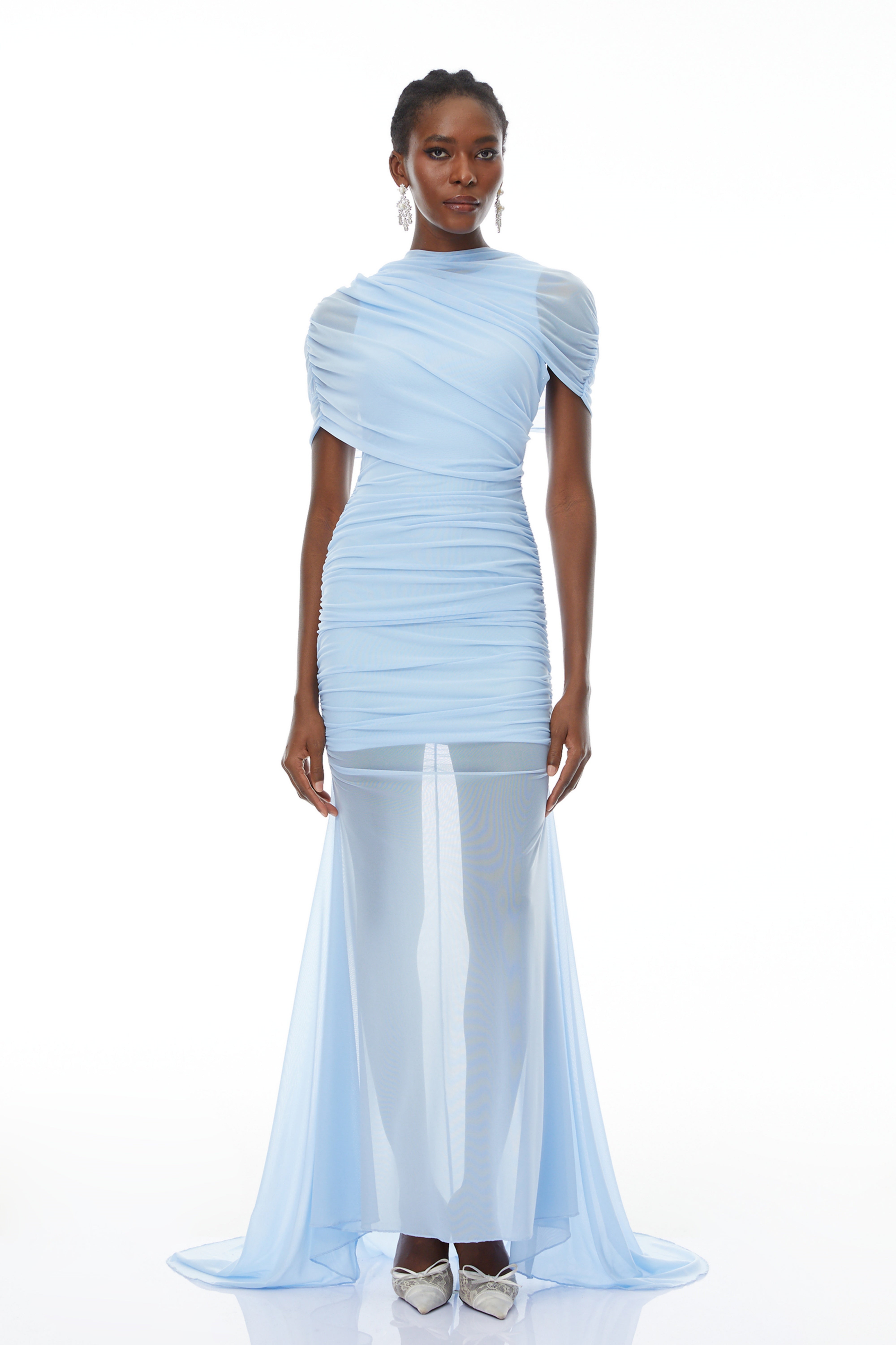 Sylphe Blue Asymmetrical Ruched Mesh Maxi Dress