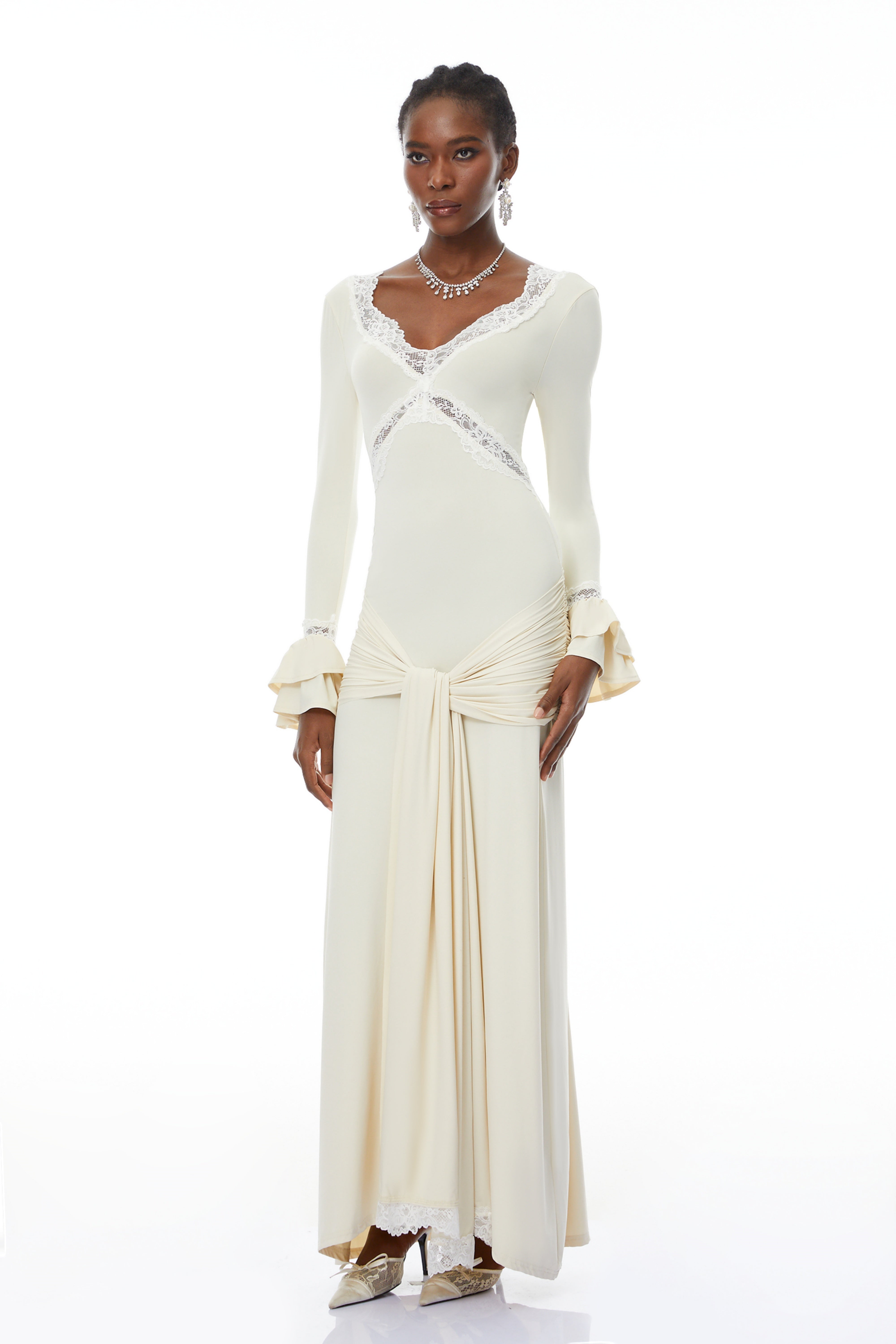 Tonina White Lace Trim Twisted Maxi Dress