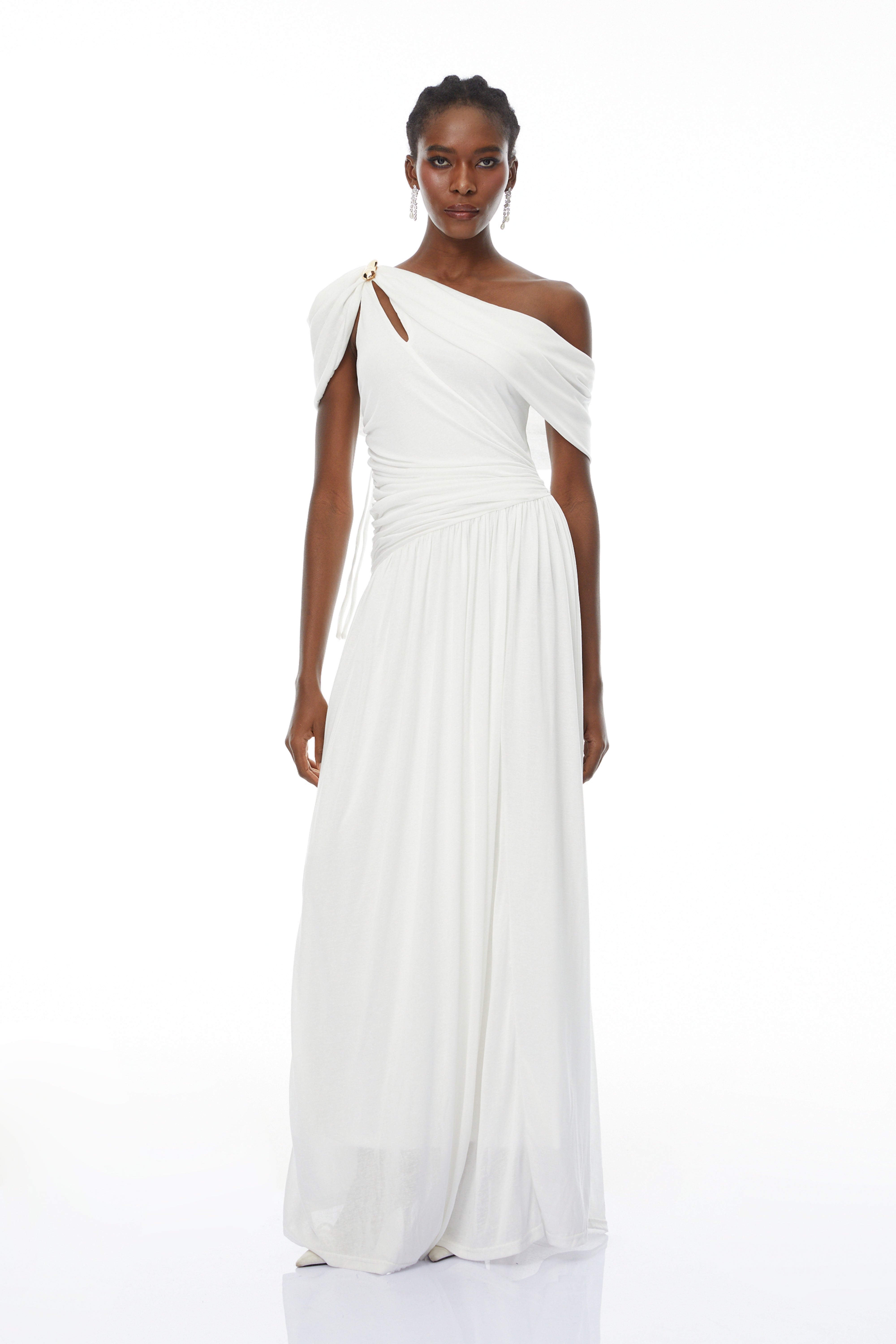 Sigrun White Asymmetrical Gathered Maxi Dress