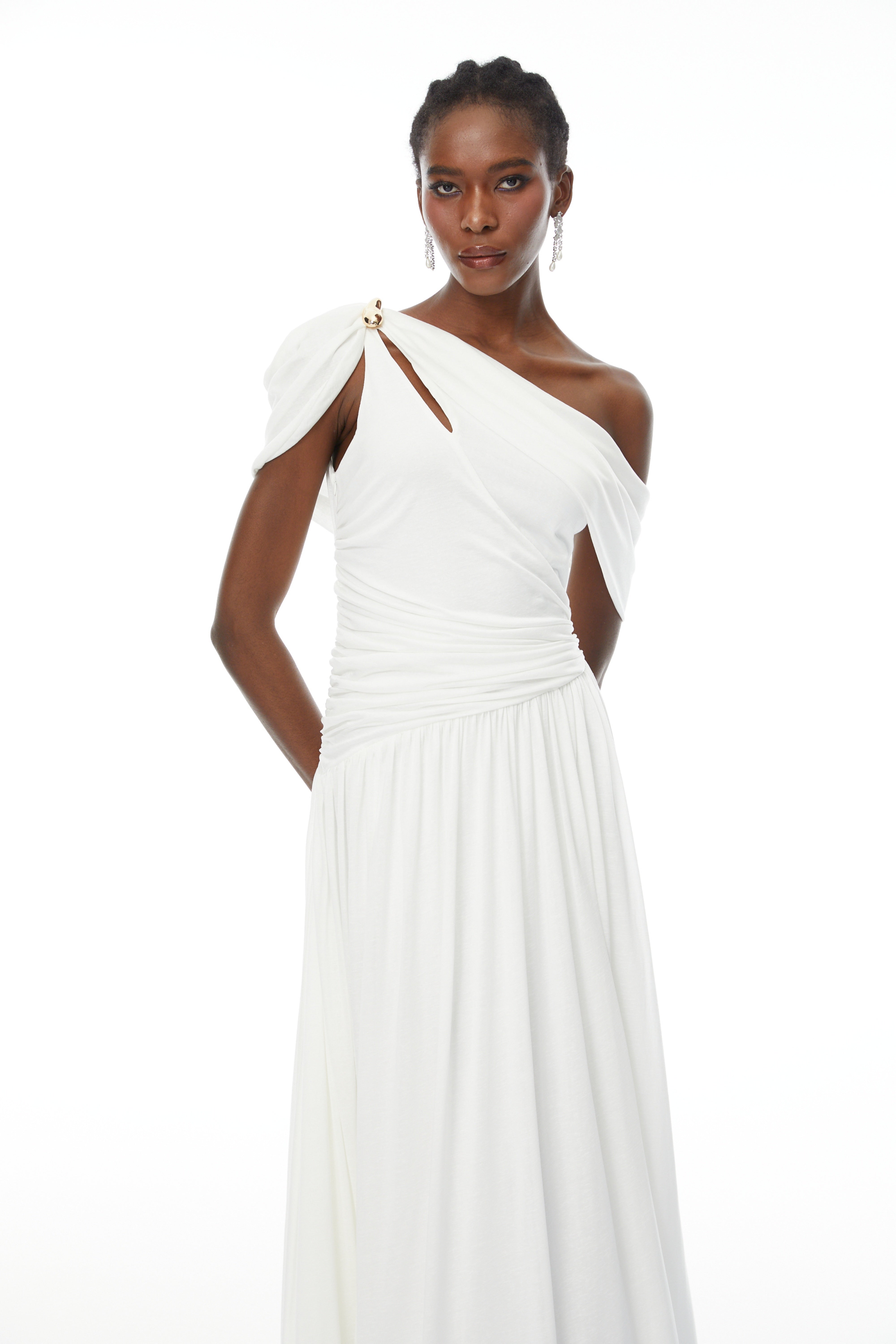 Sigrun White Asymmetrical Gathered Maxi Dress