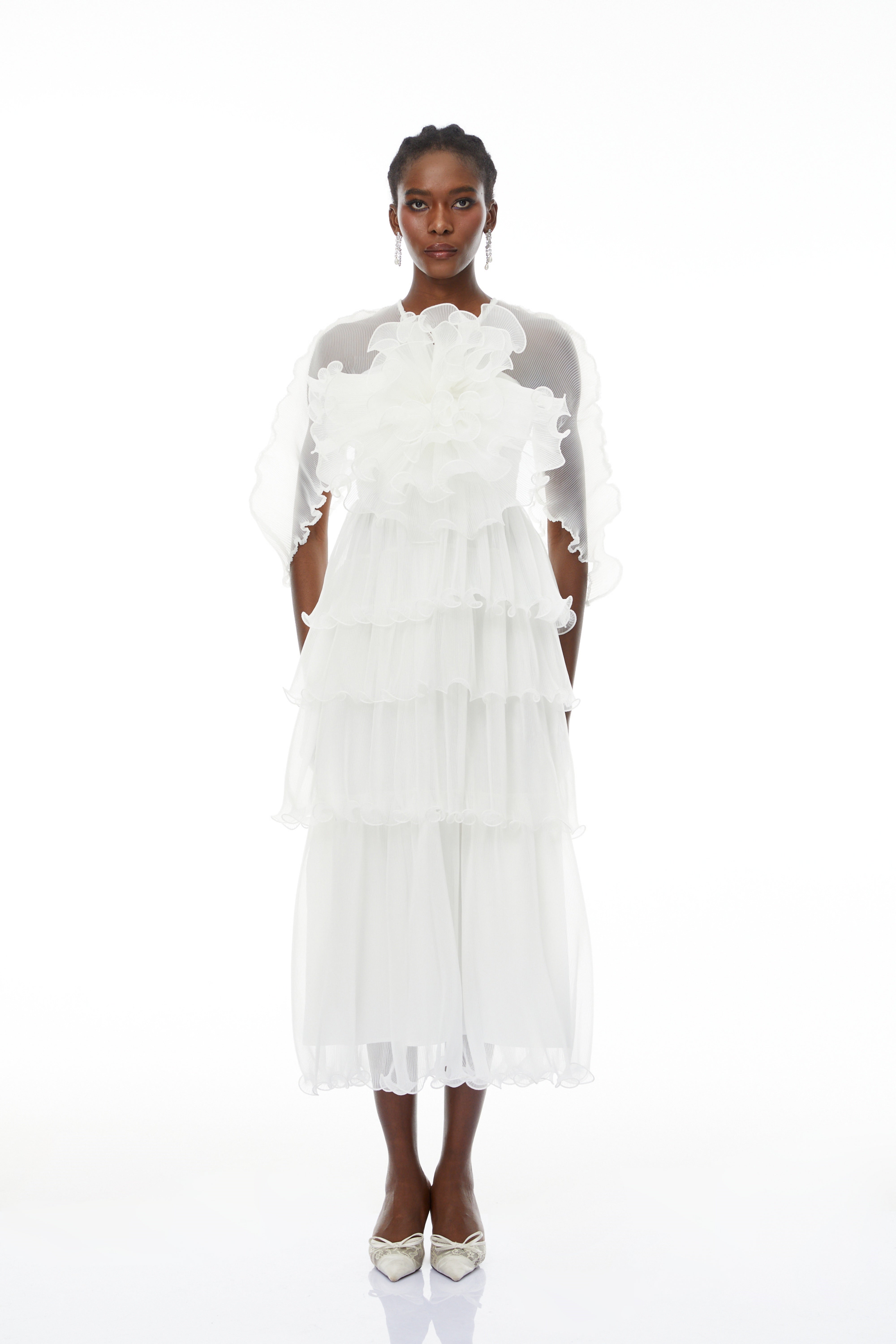 Simona White Floral Ruffled Tiered Midi Dress