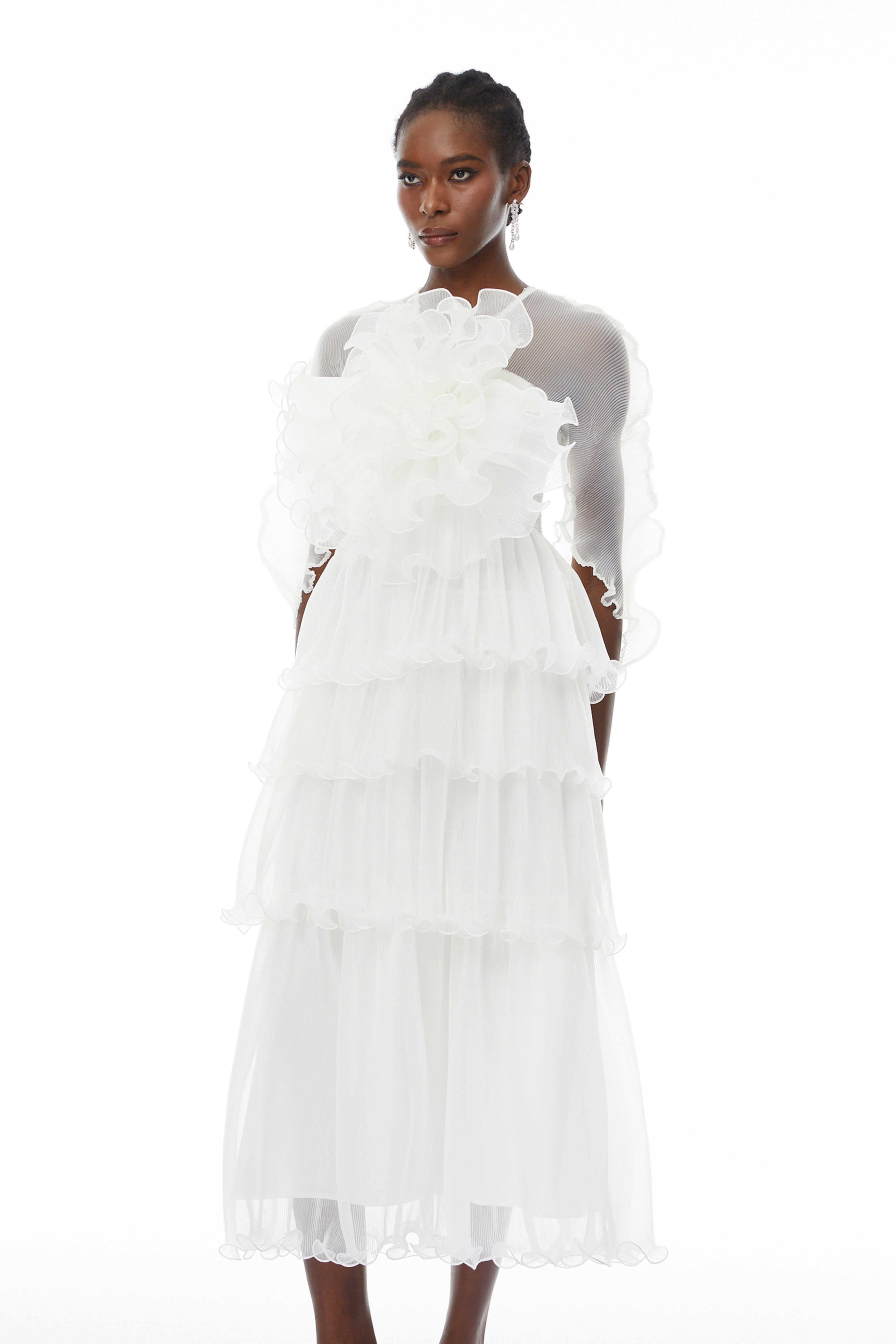 Simona White Floral Ruffled Tiered Midi Dress