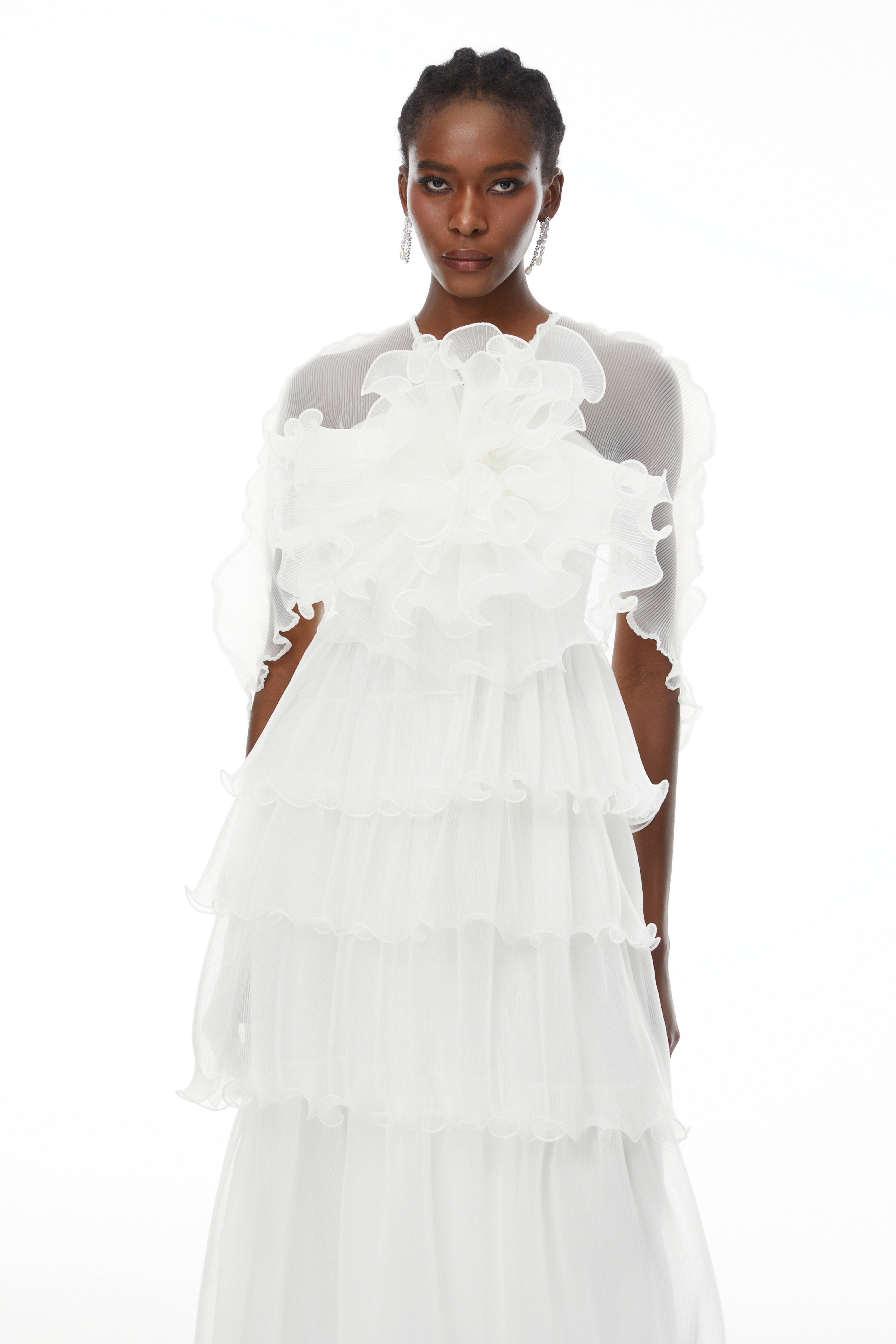 Simona White Floral Ruffled Tiered Midi Dress