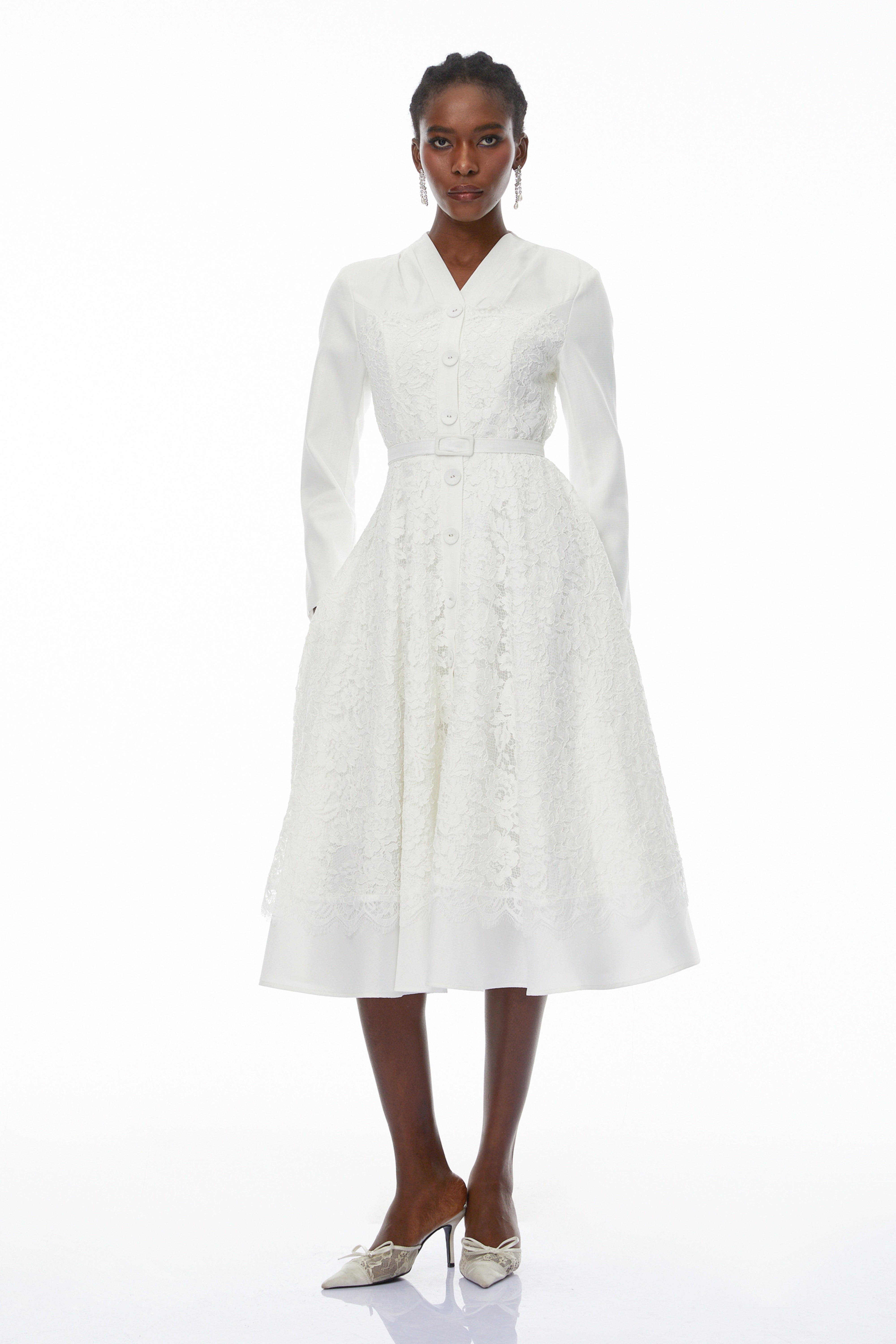 Giuseppin White V-Neck Lace Panel Midi Dress