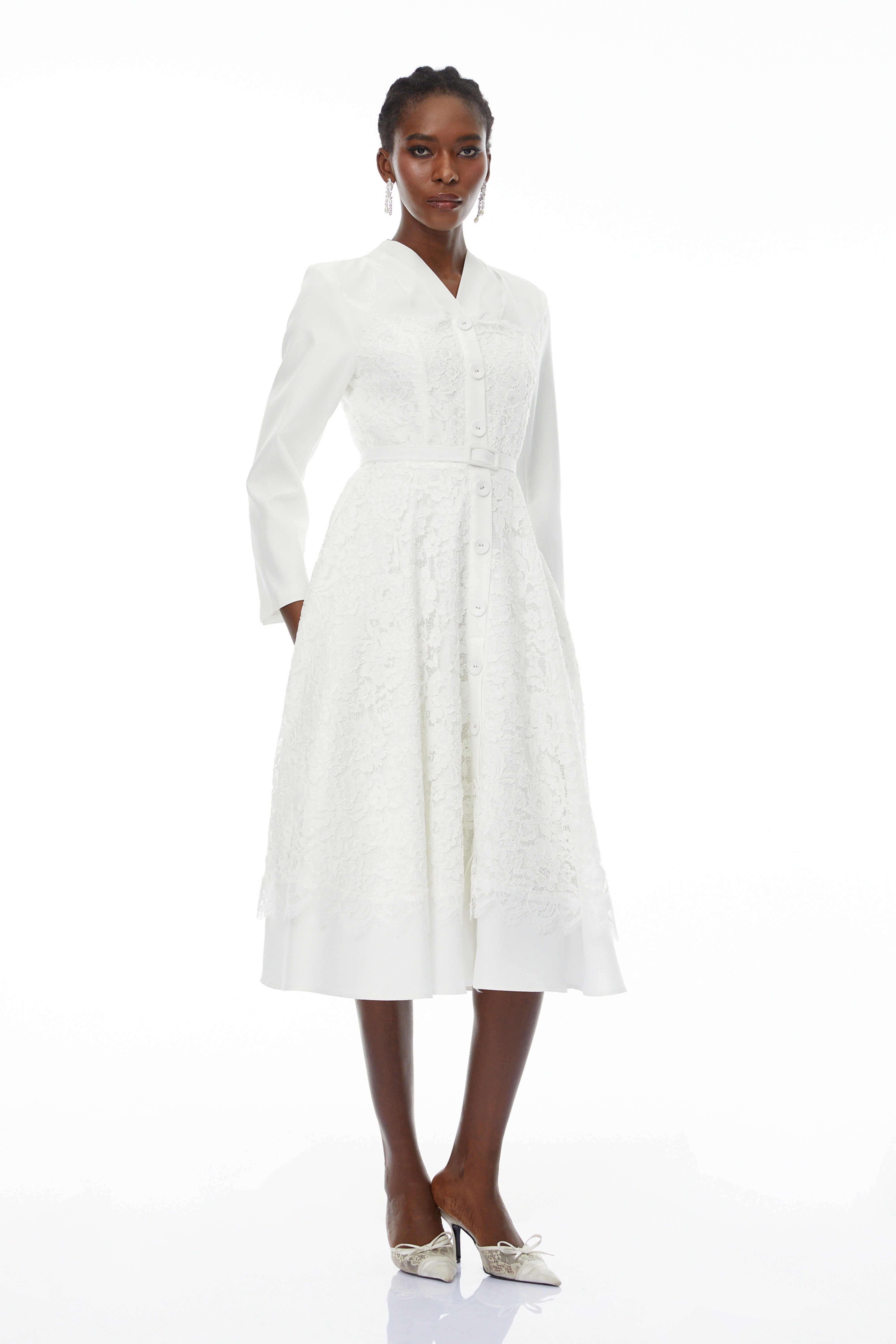 Giuseppin White V-Neck Lace Panel Midi Dress