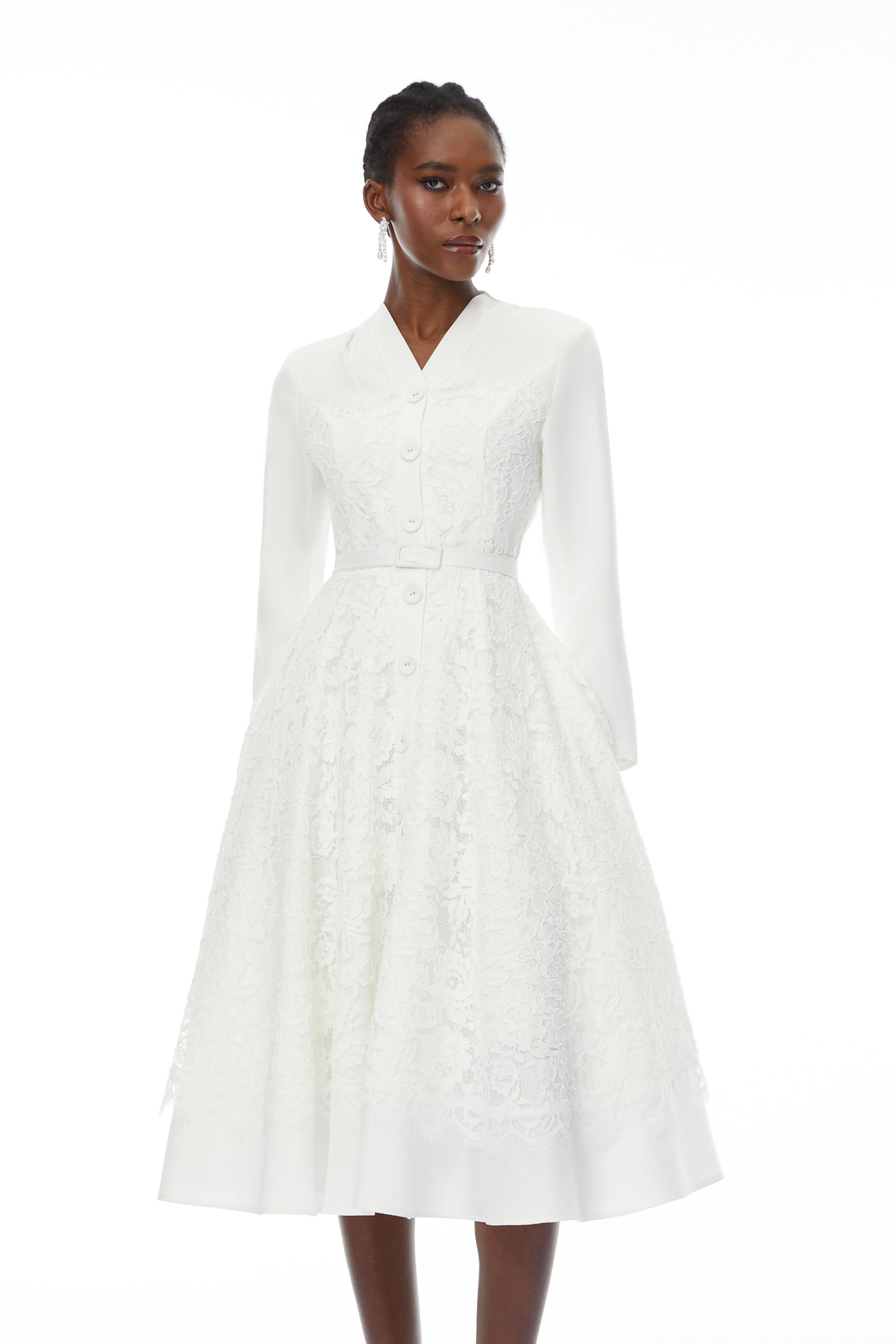 Giuseppin White V-Neck Lace Panel Midi Dress