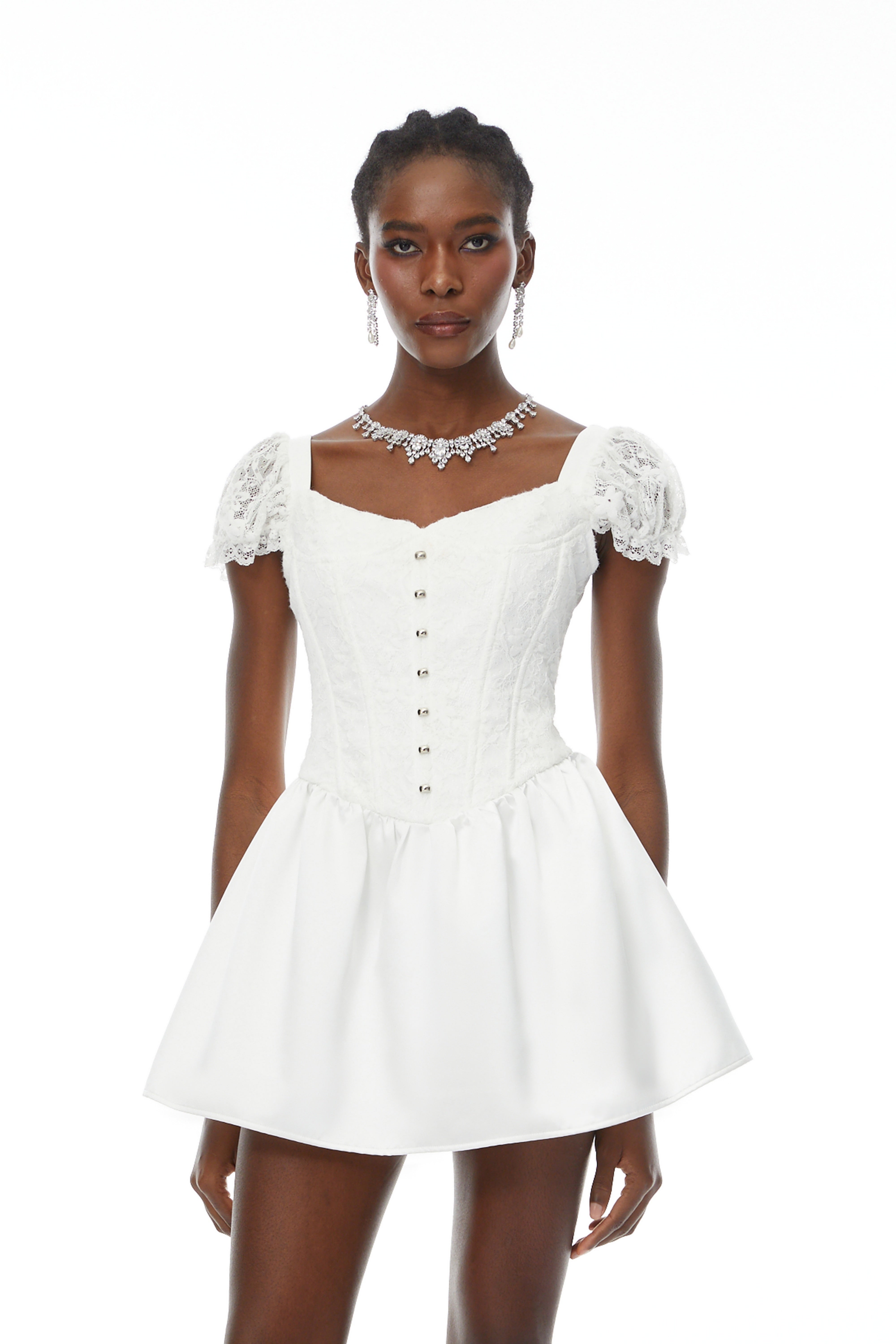 Candice White Lace Panel Corset Puff Mini Dress
