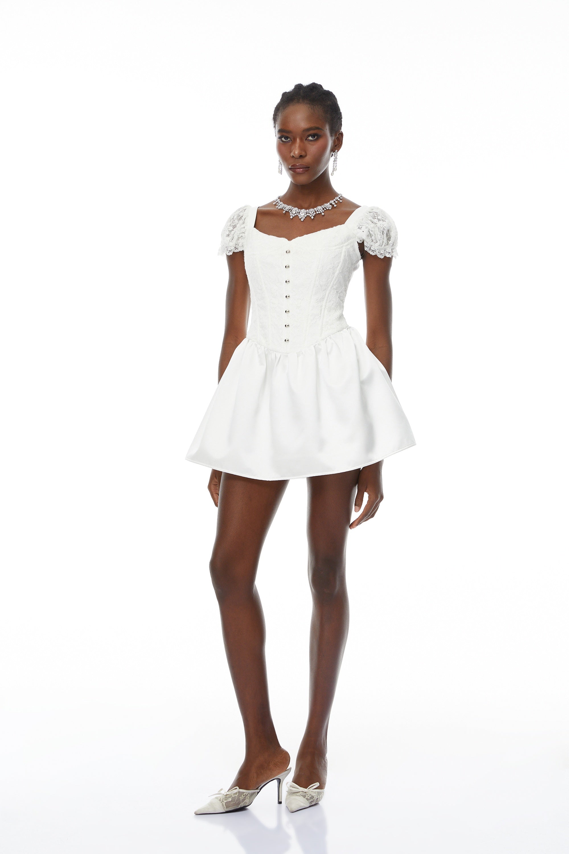 Candice White Lace Panel Corset Puff Mini Dress