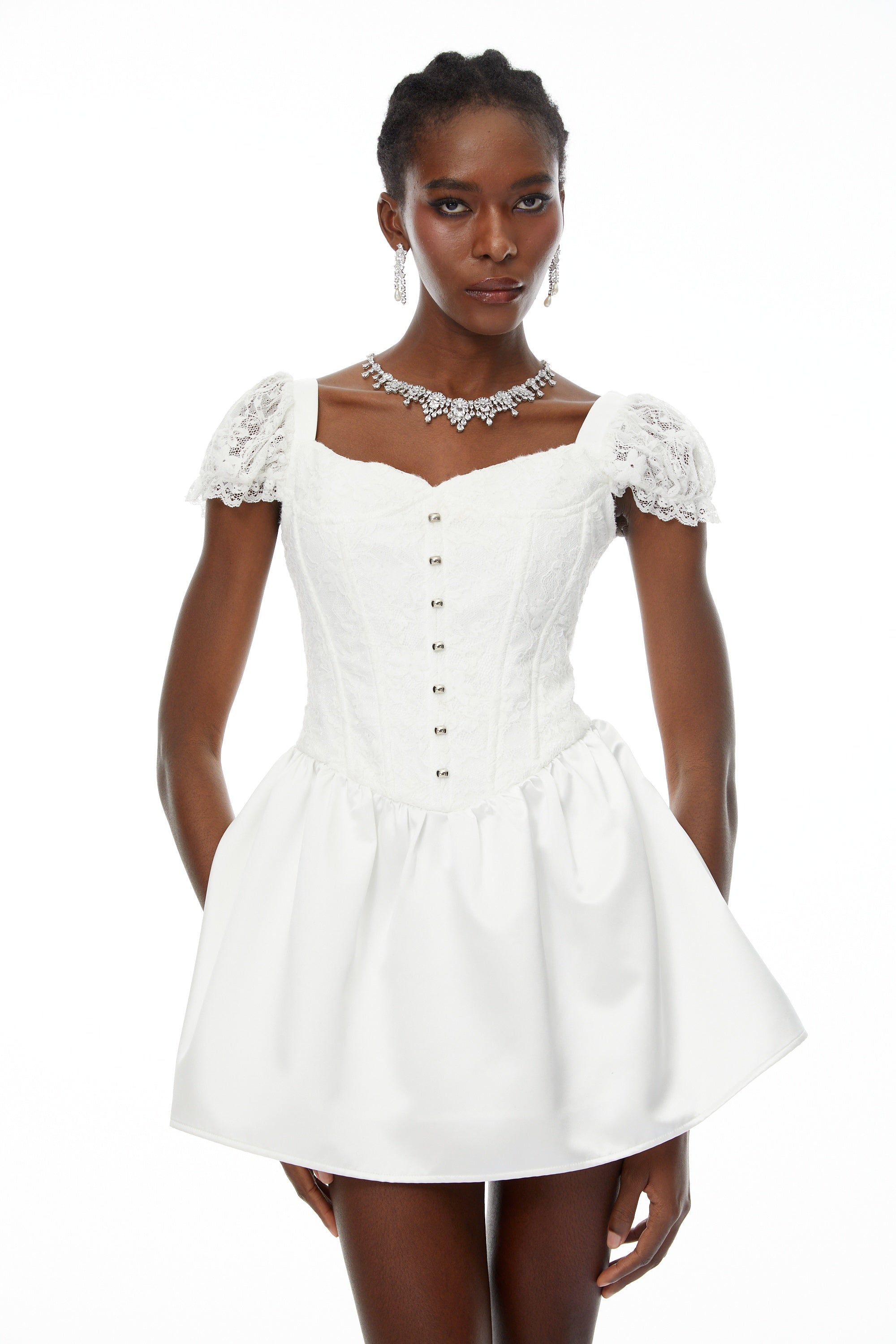 Candice White Lace Panel Corset Puff Mini Dress