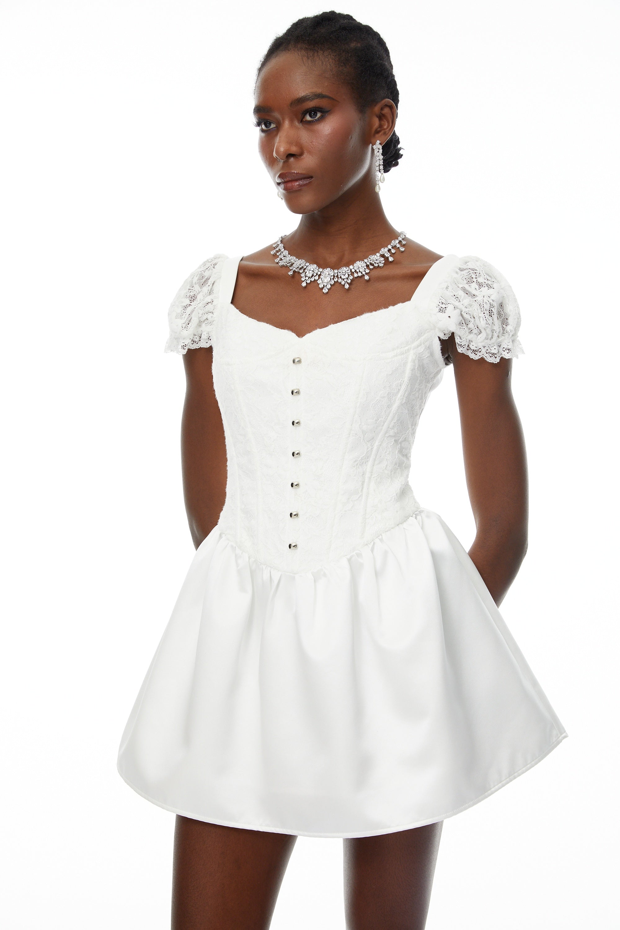 Candice White Lace Panel Corset Puff Mini Dress