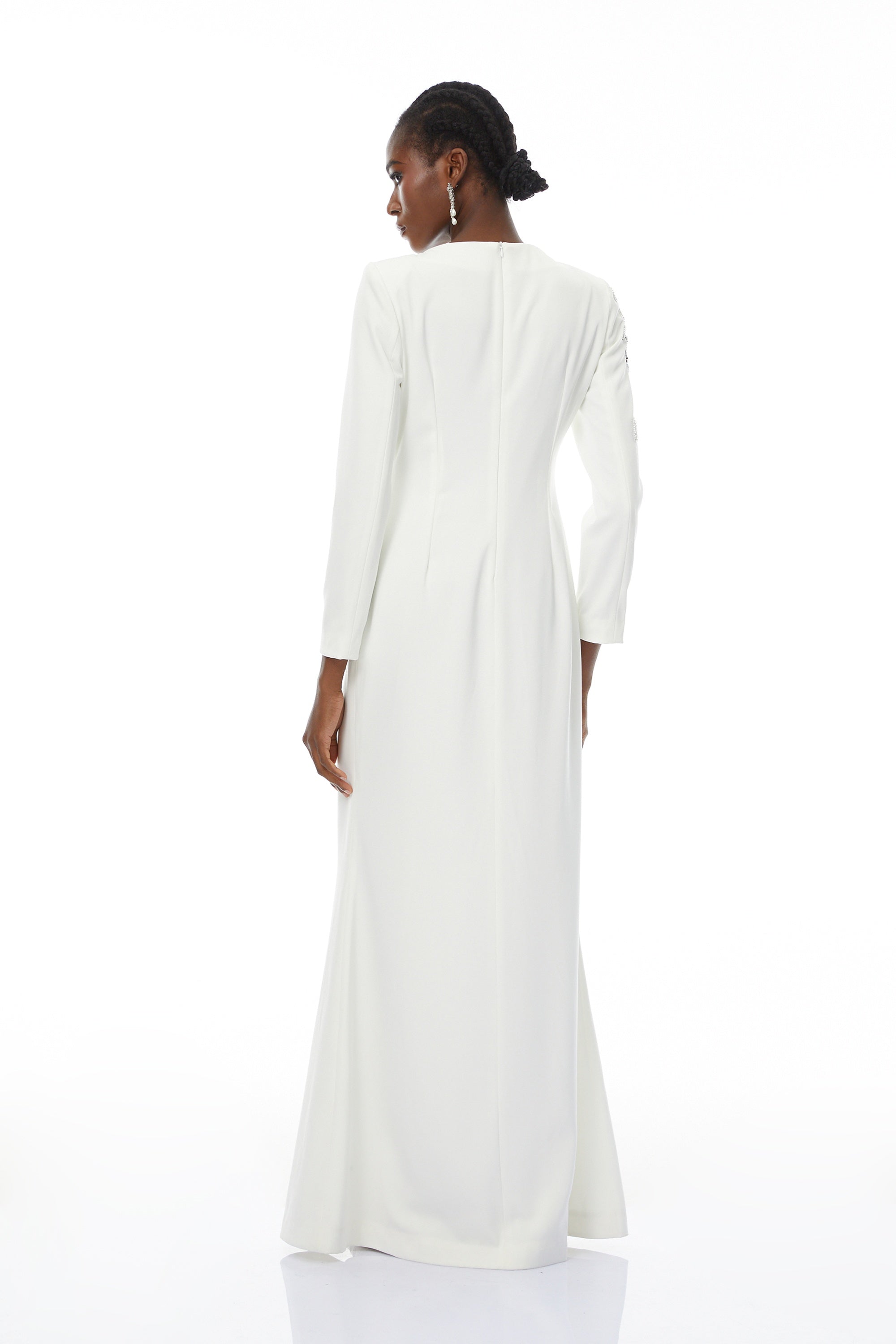 Michele White Embellished Maxi Gown with Floral Embroidered