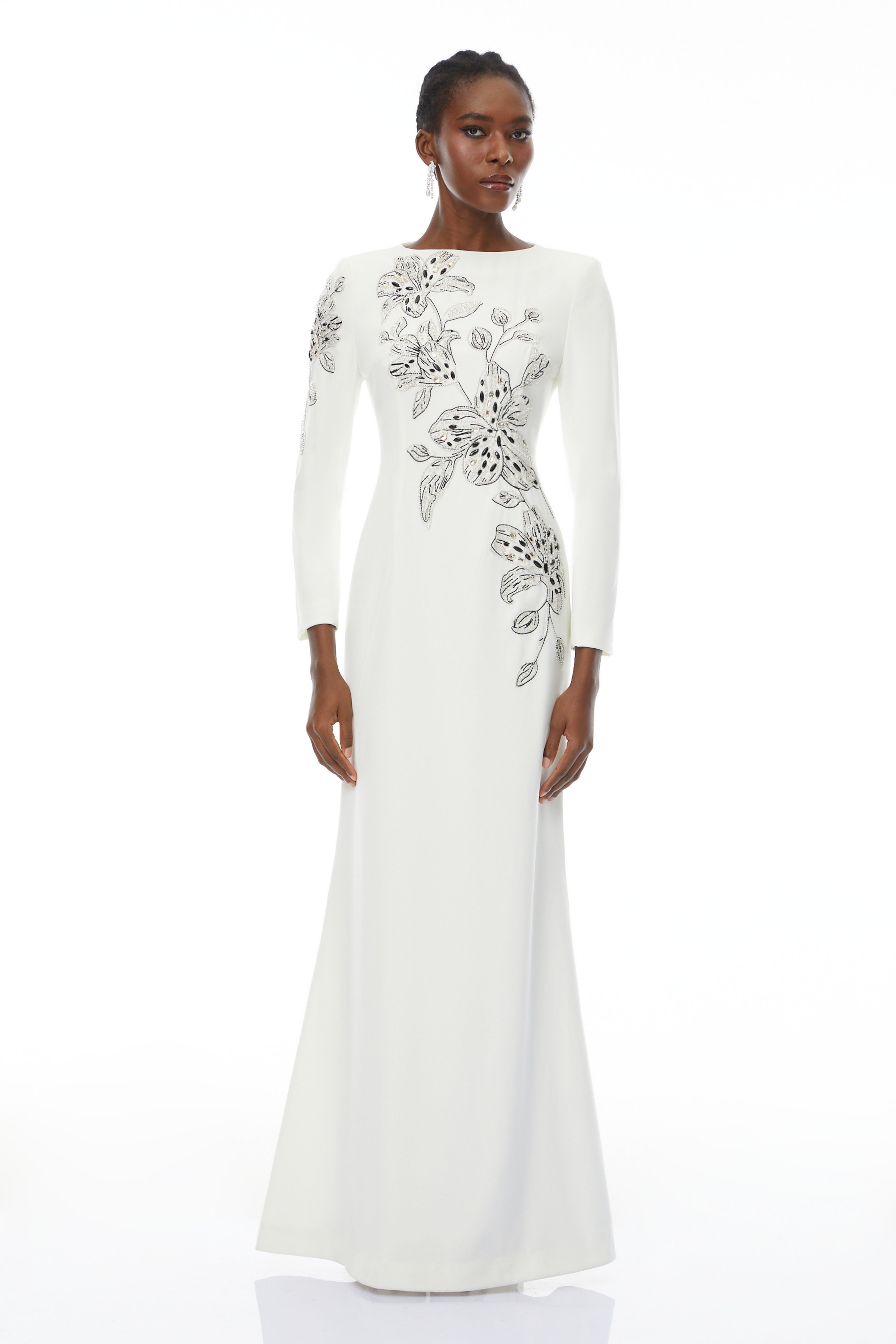 Michele White Embellished Maxi Gown with Floral Embroidered