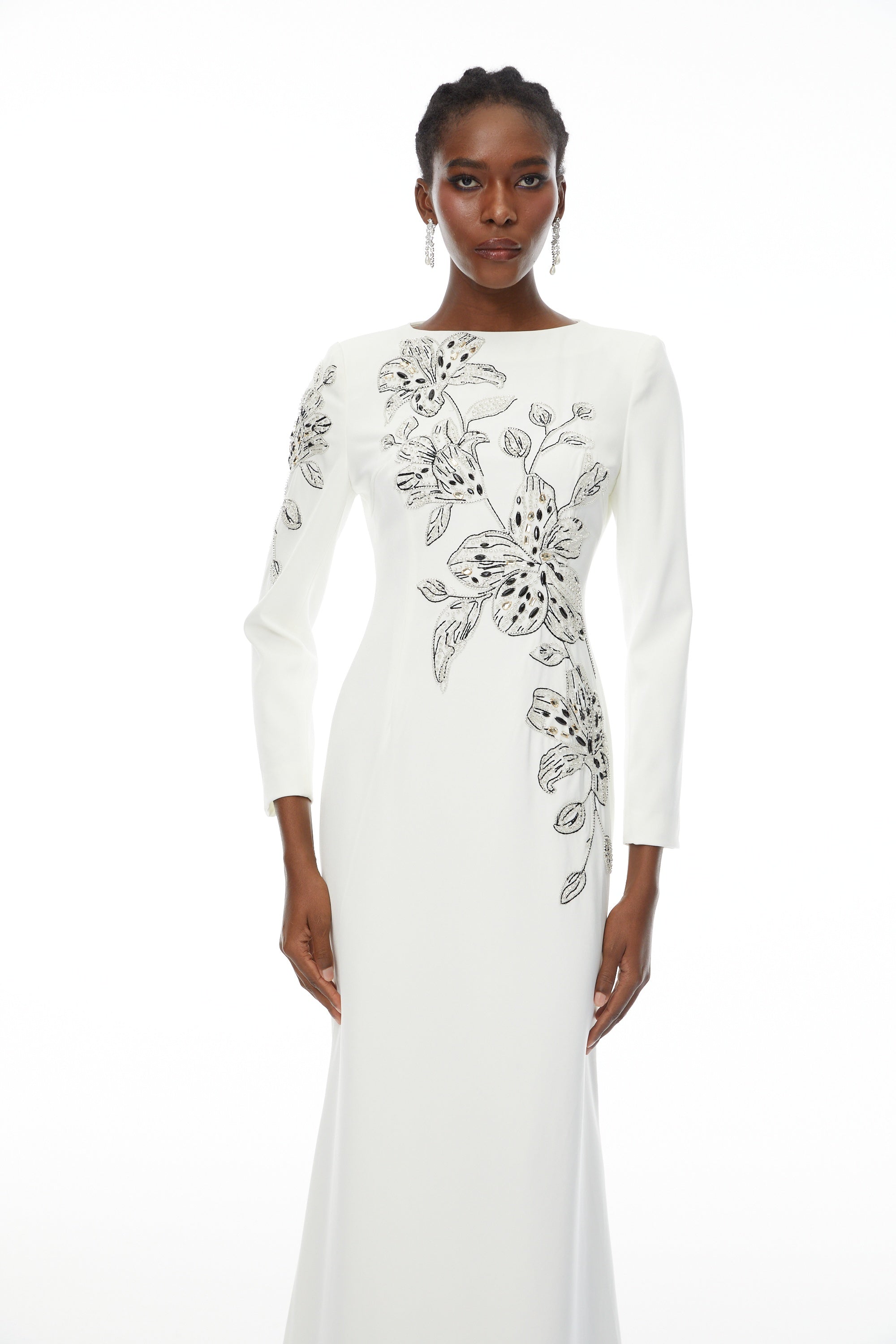 Michele White Embellished Maxi Gown with Floral Embroidered