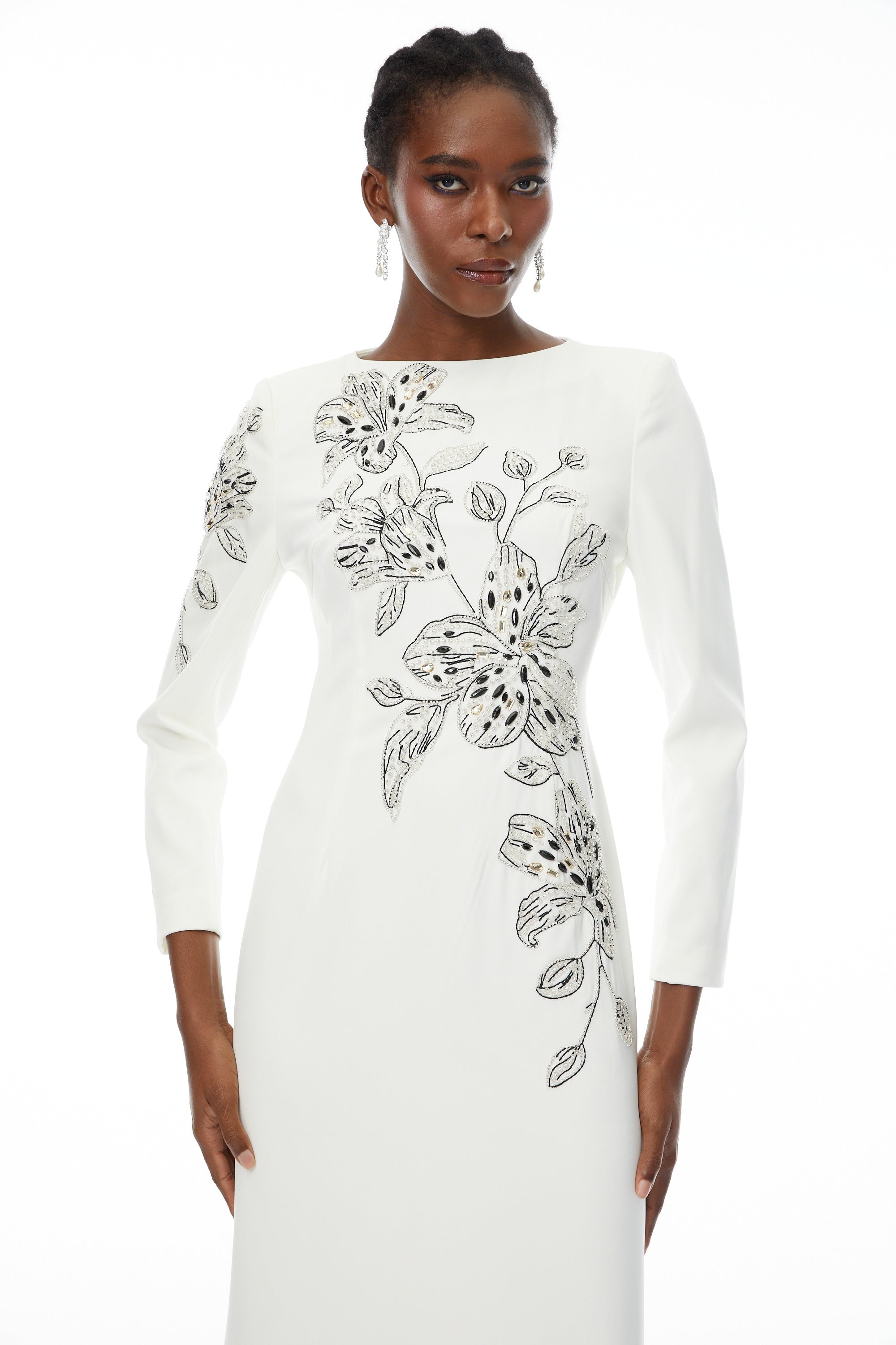 Michele White Embellished Maxi Gown with Floral Embroidered
