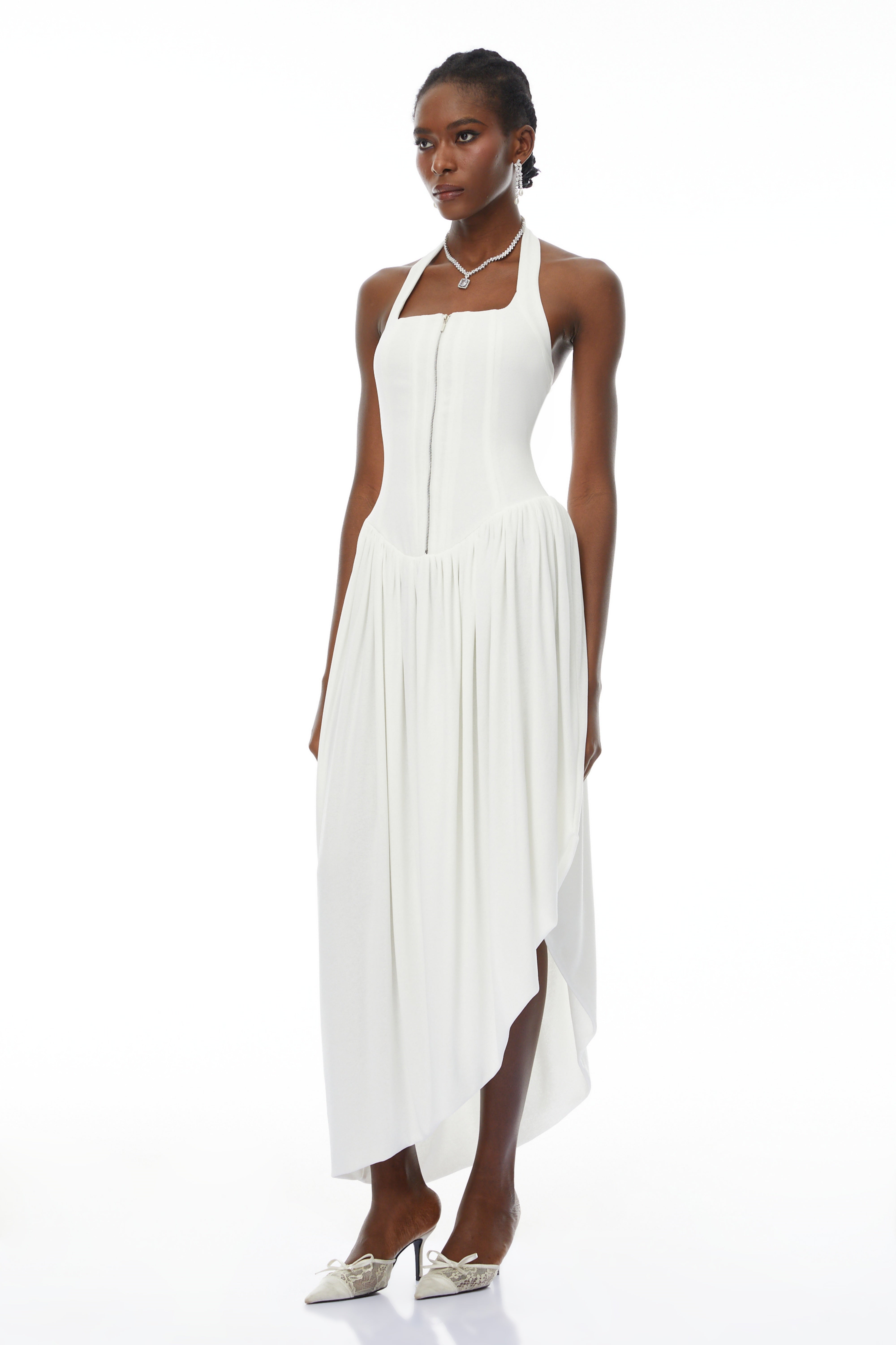 Noelia White Halterneck Shirred Panel Maxi Dress