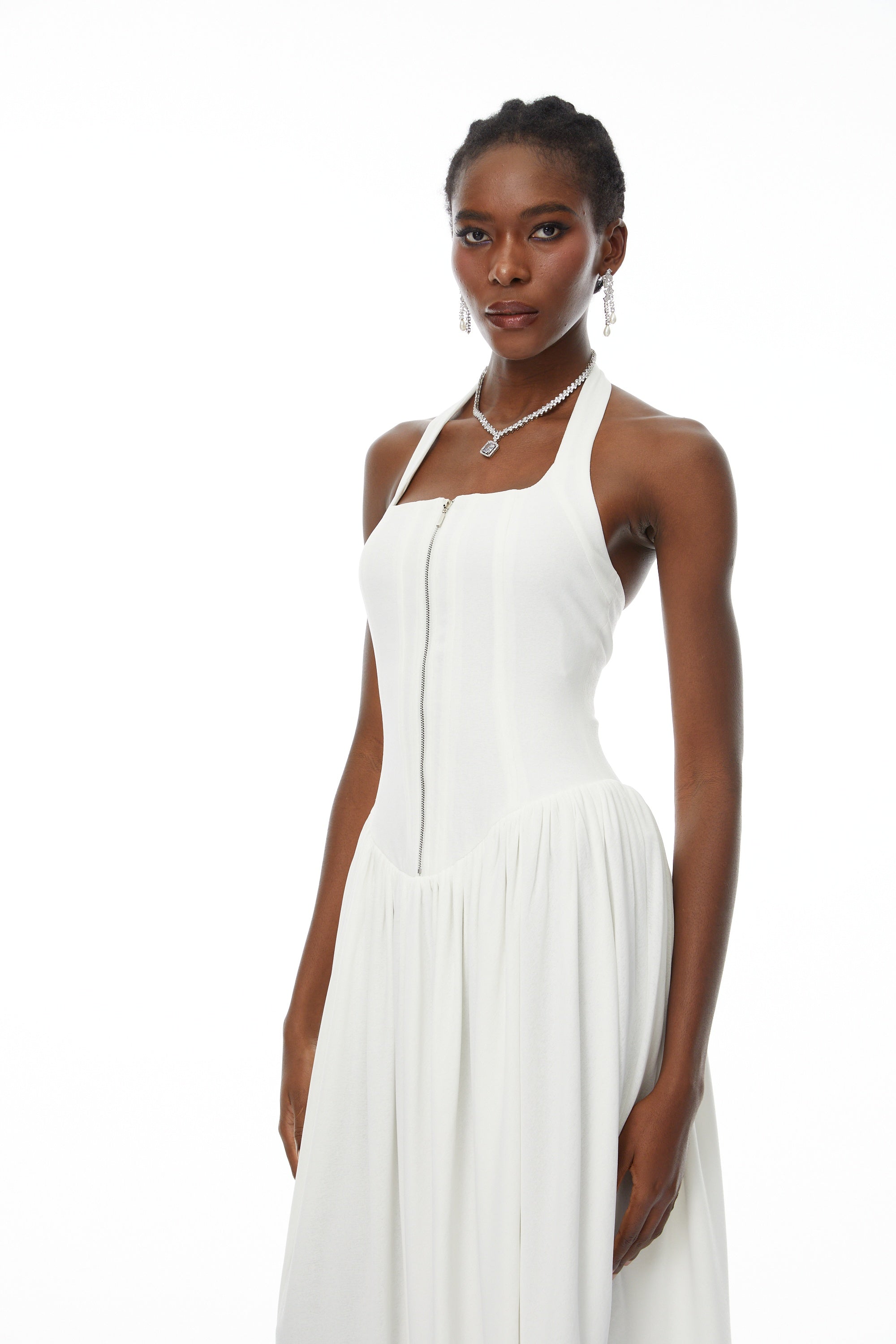 Noelia White Halterneck Shirred Panel Maxi Dress