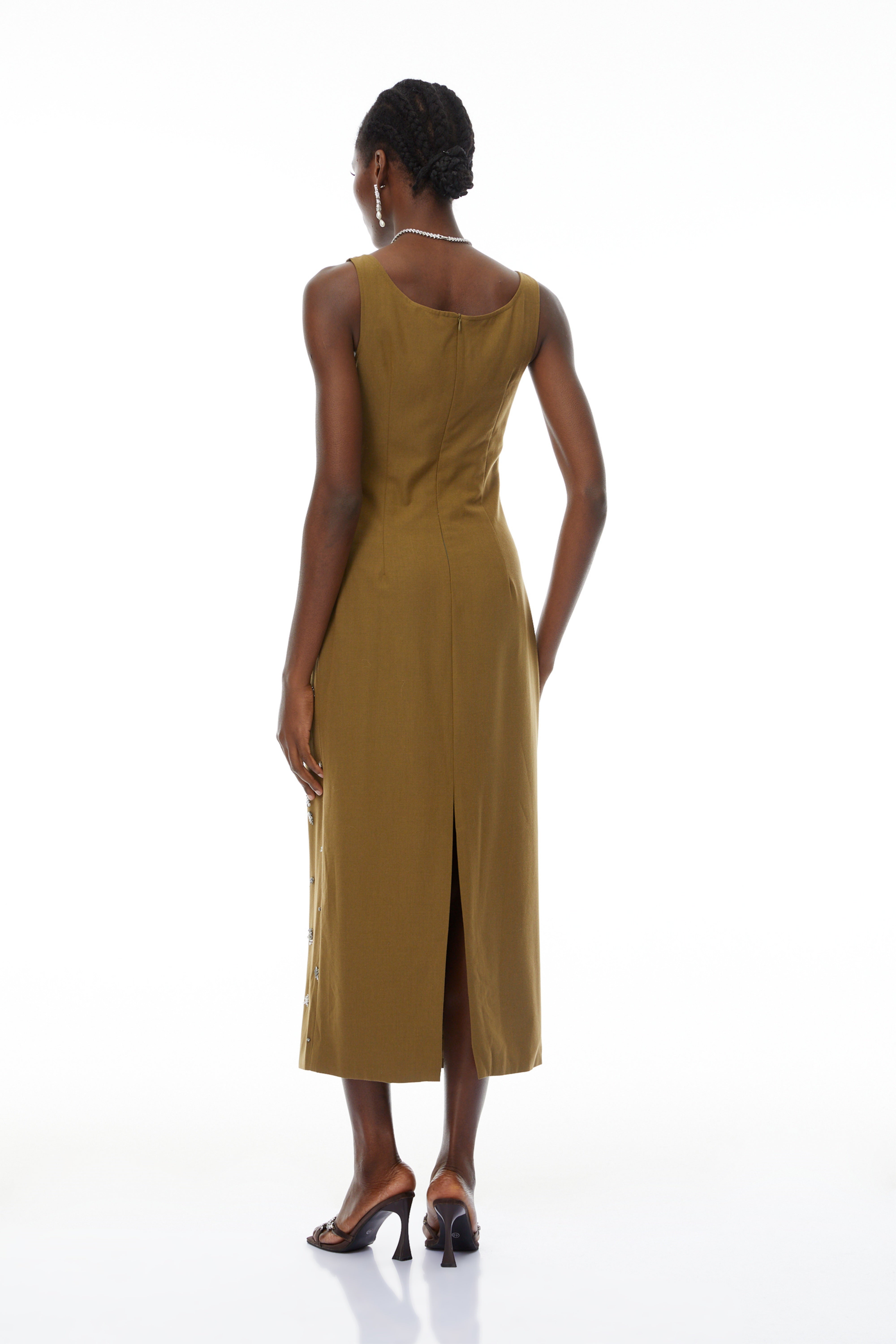 Ilina Olive Fully Embellished Midi Dress (Final Sale)