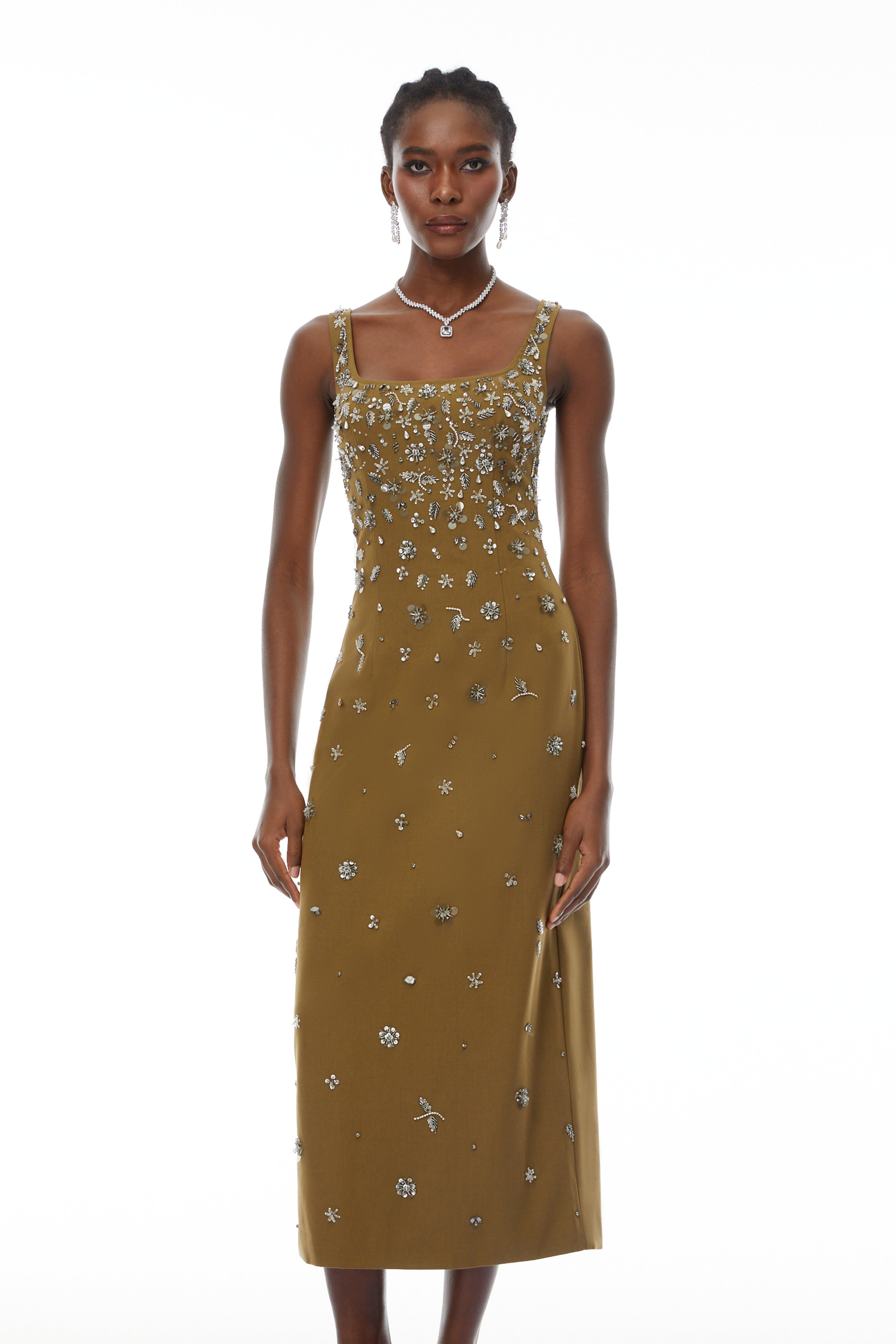 Ilina Olive Fully Embellished Midi Dress (Final Sale)