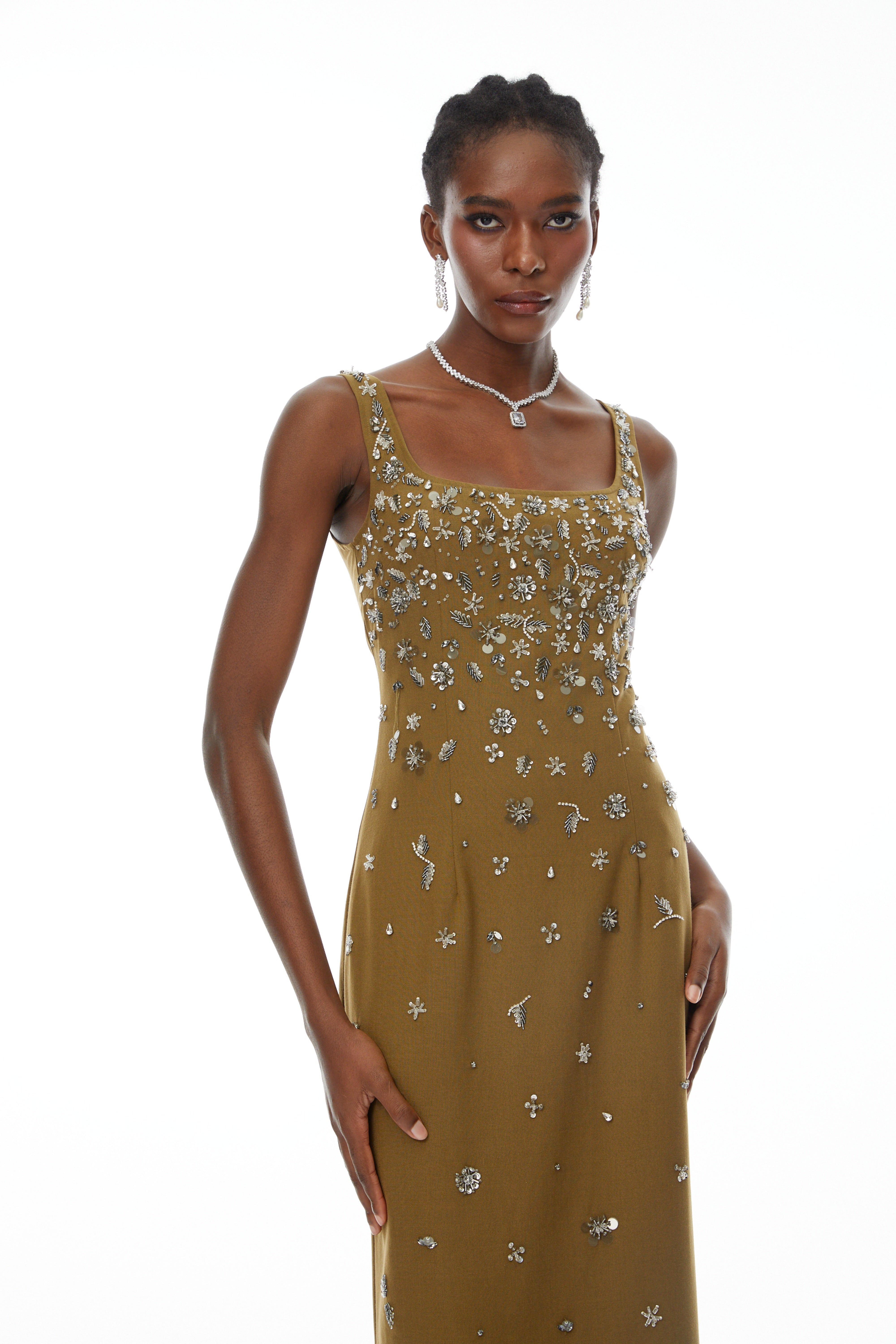 Ilina Olive Fully Embellished Midi Dress (Final Sale)