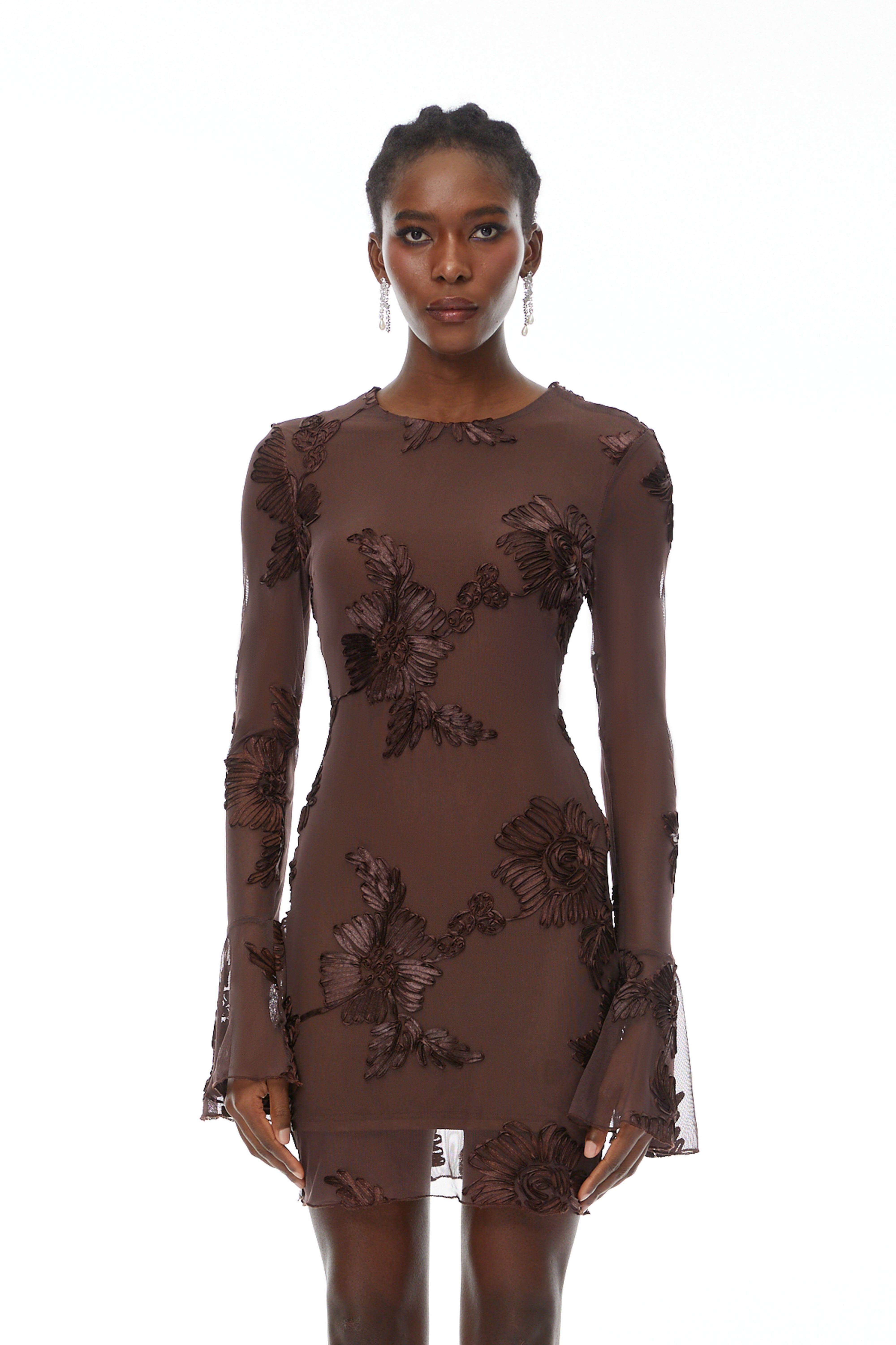 Uxue Brown Floral Embroidered Mini Dress
