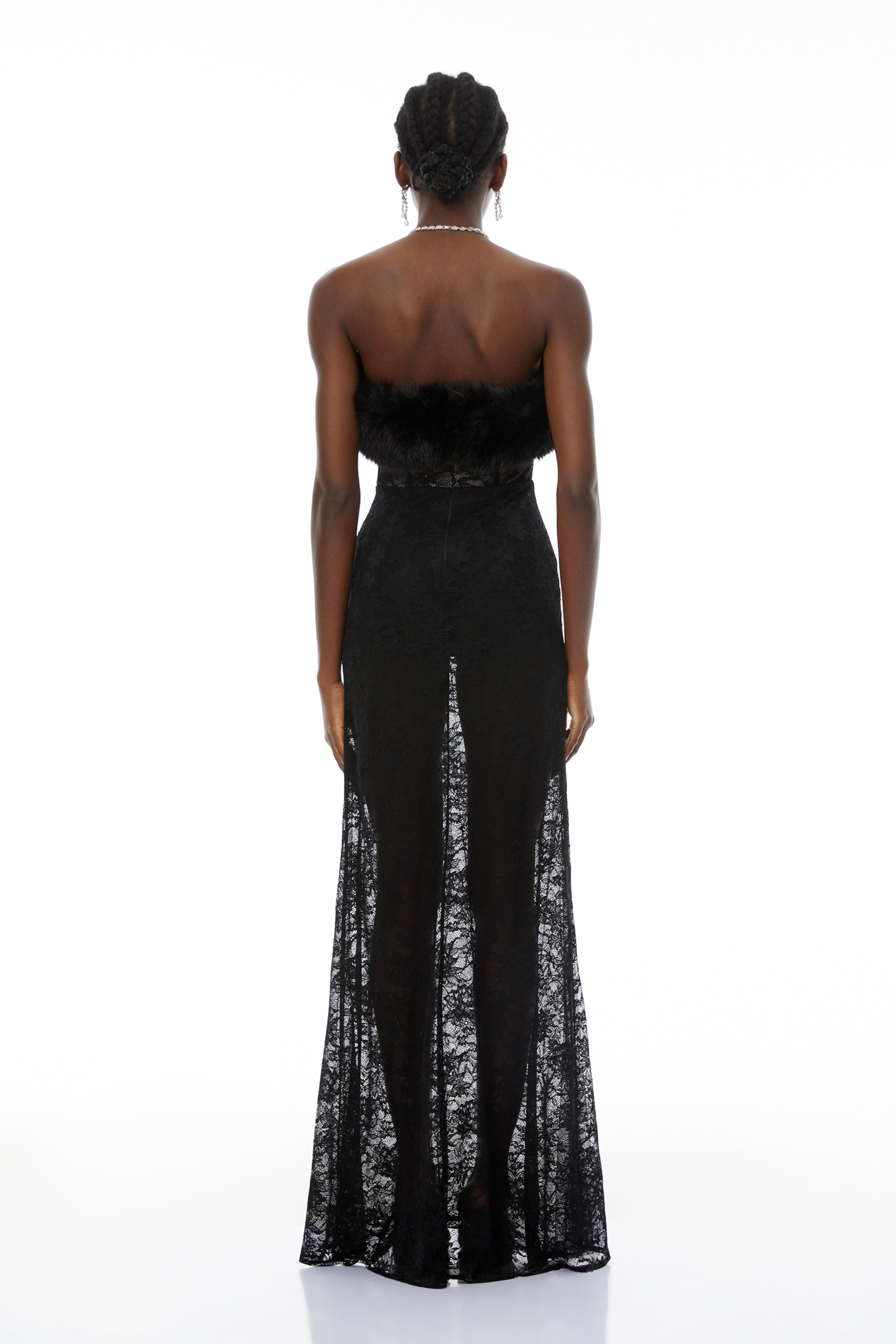 Tecla Black Lace Maxi Dress with Faux Fur Trim