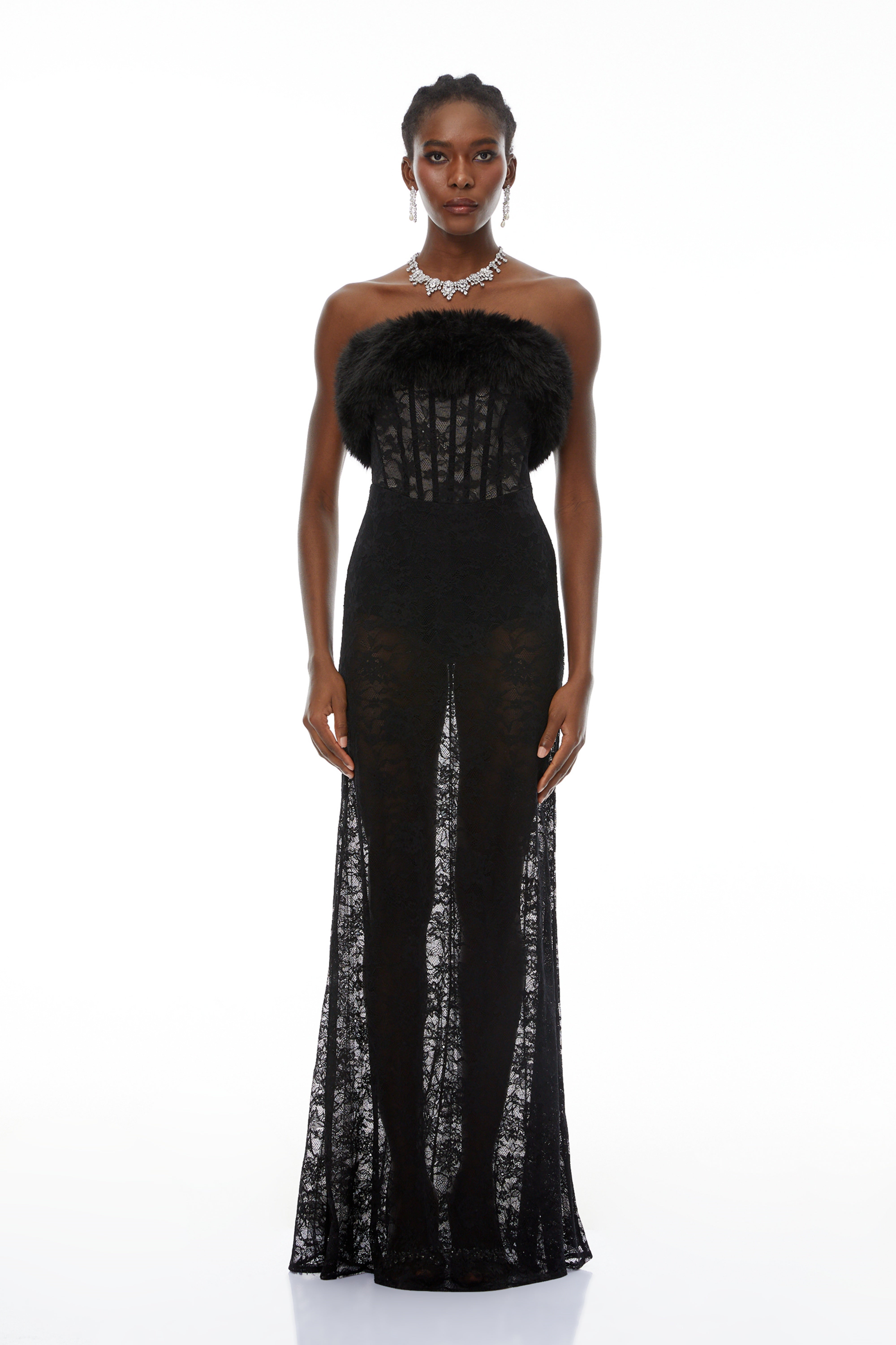 Tecla Black Lace Maxi Dress with Faux Fur Trim