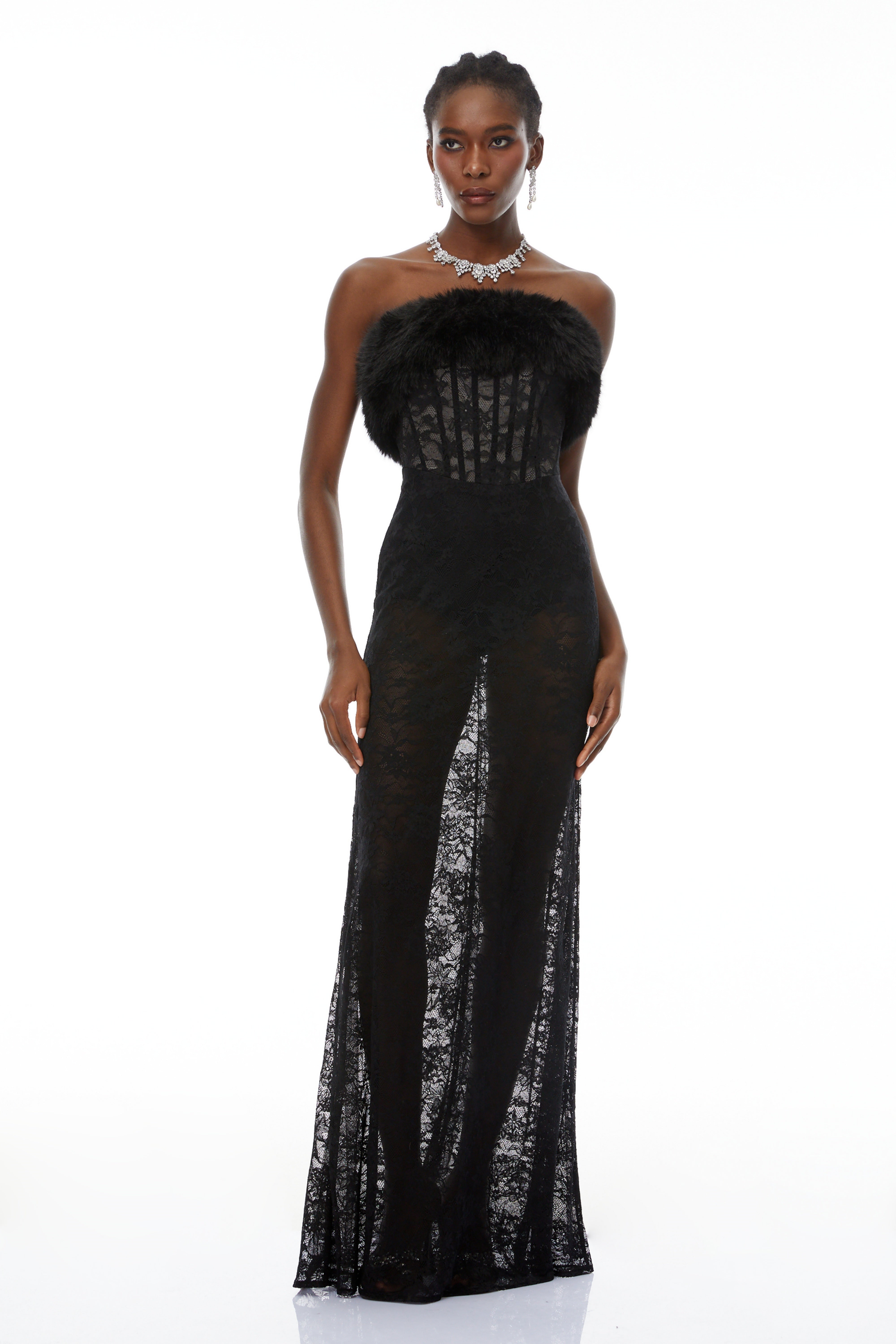 Tecla Black Lace Maxi Dress with Faux Fur Trim