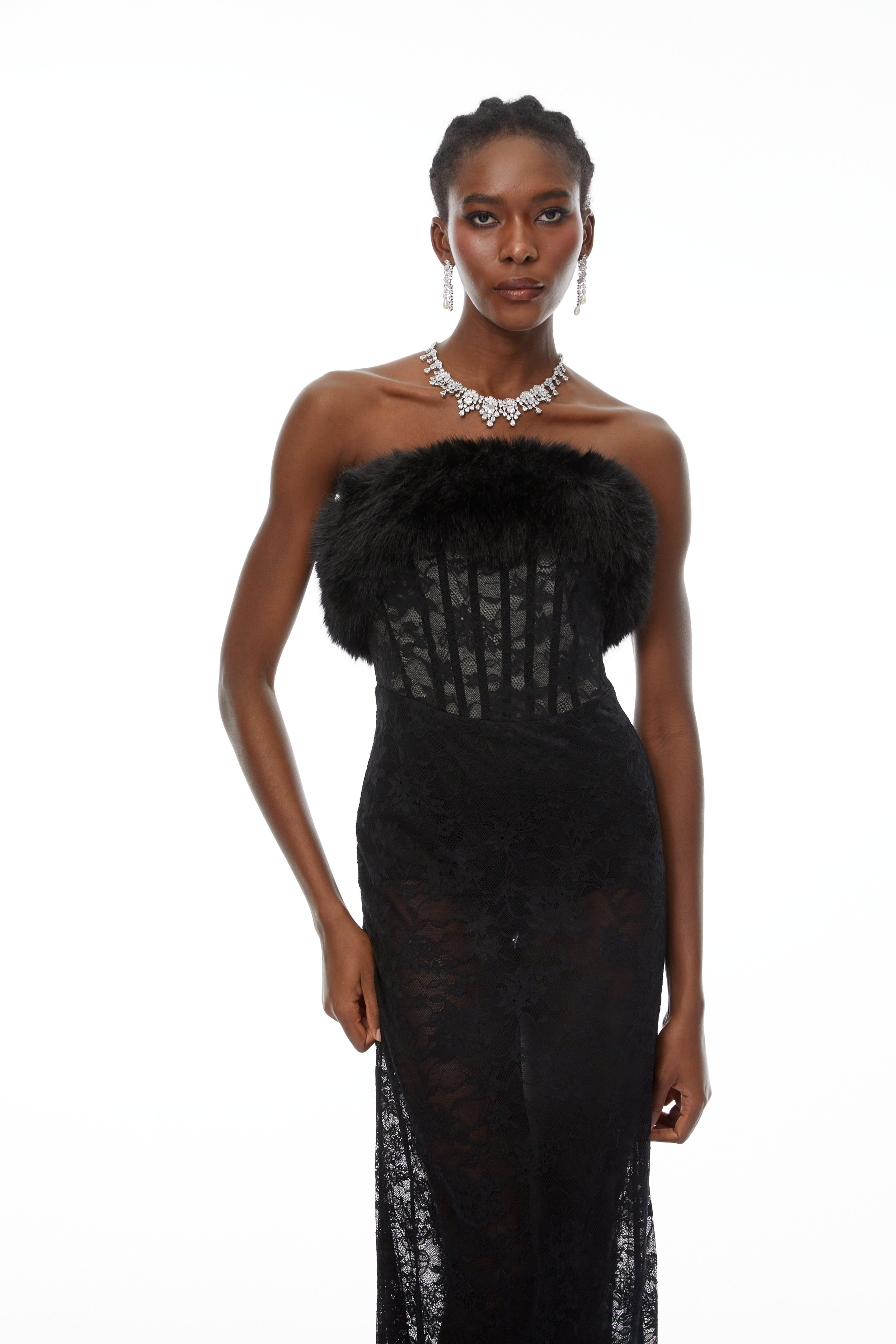 Tecla Black Lace Maxi Dress with Faux Fur Trim