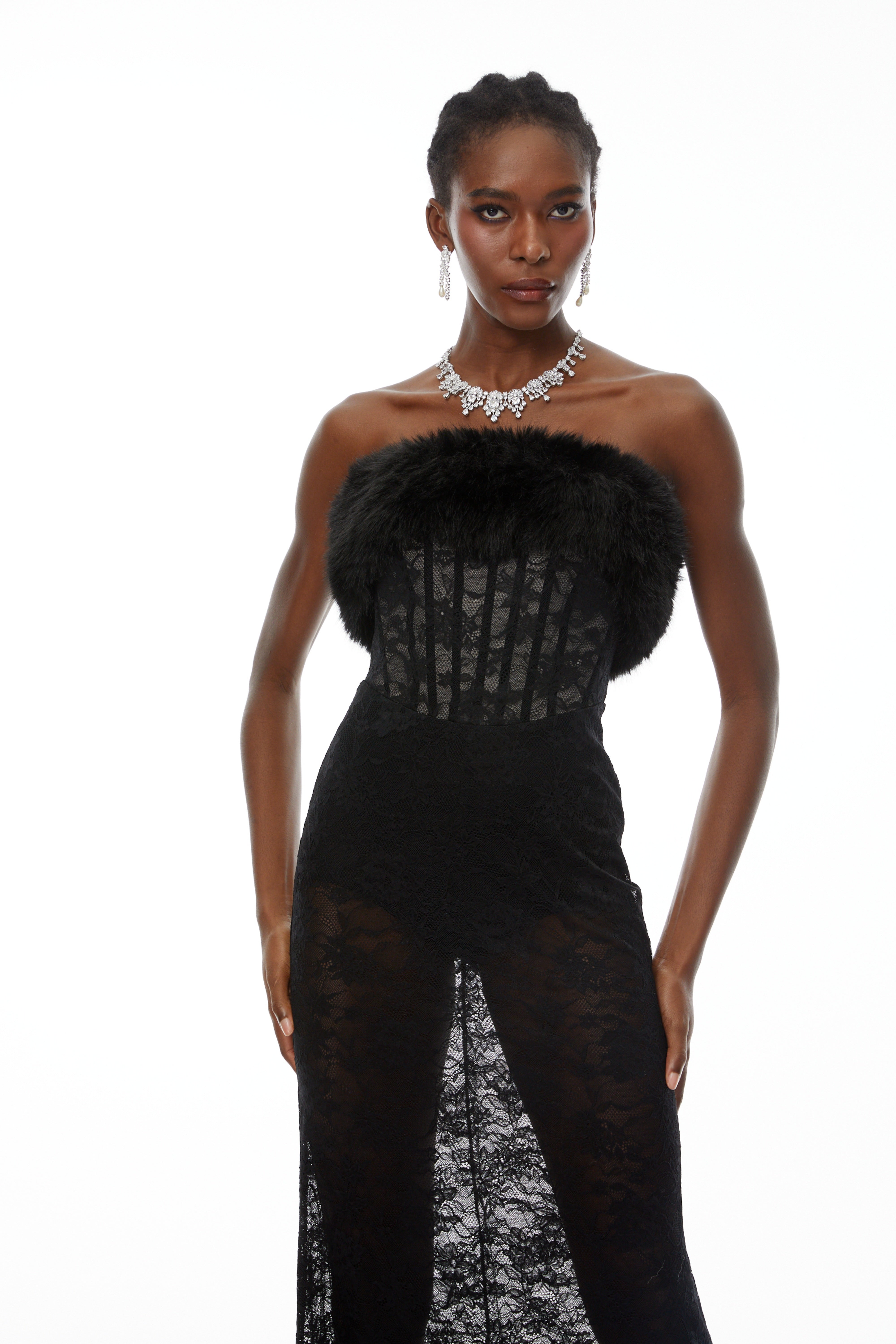 Tecla Black Lace Maxi Dress with Faux Fur Trim