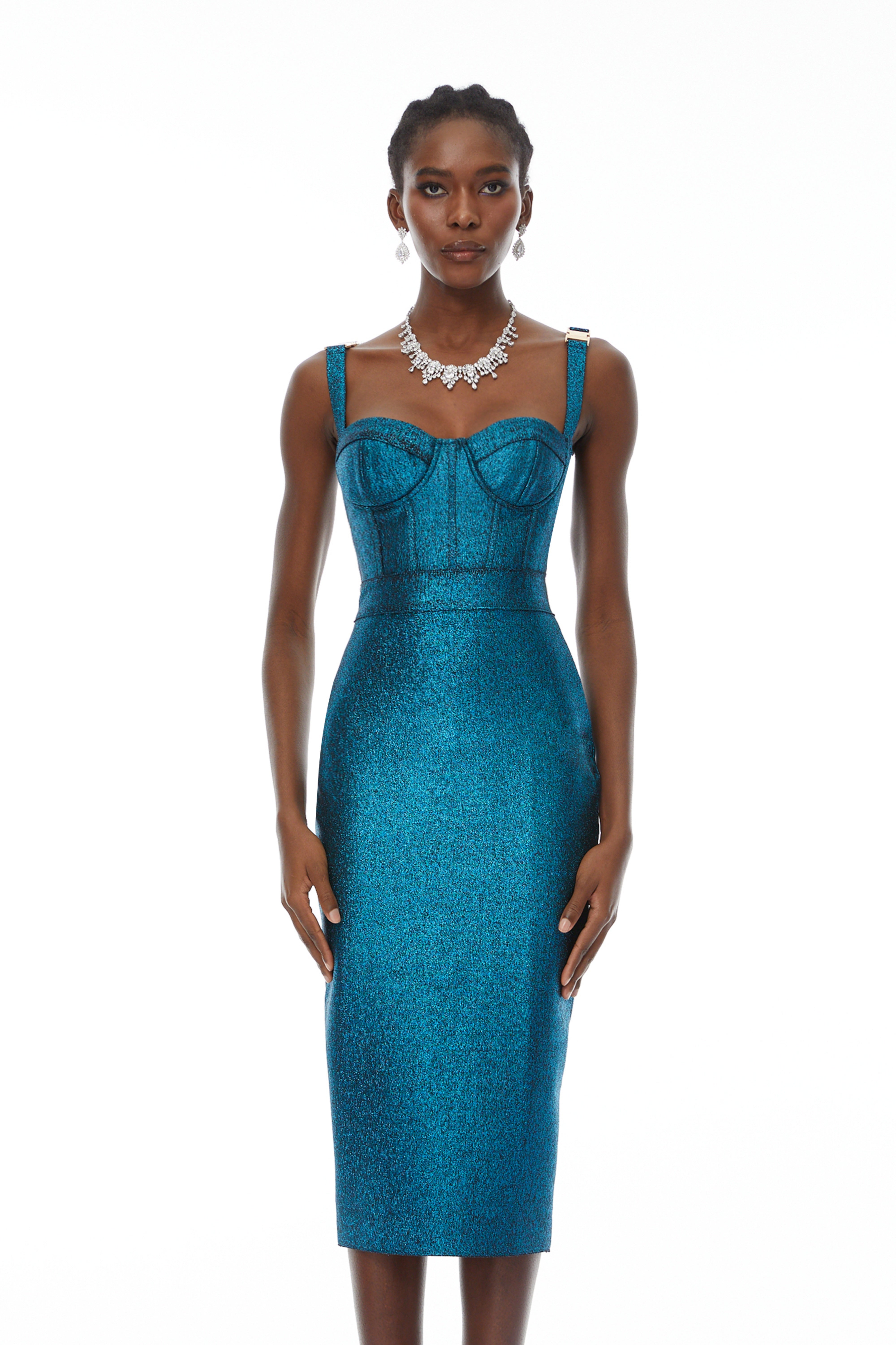 Edwina Blue Bandage Corset Midi Dress