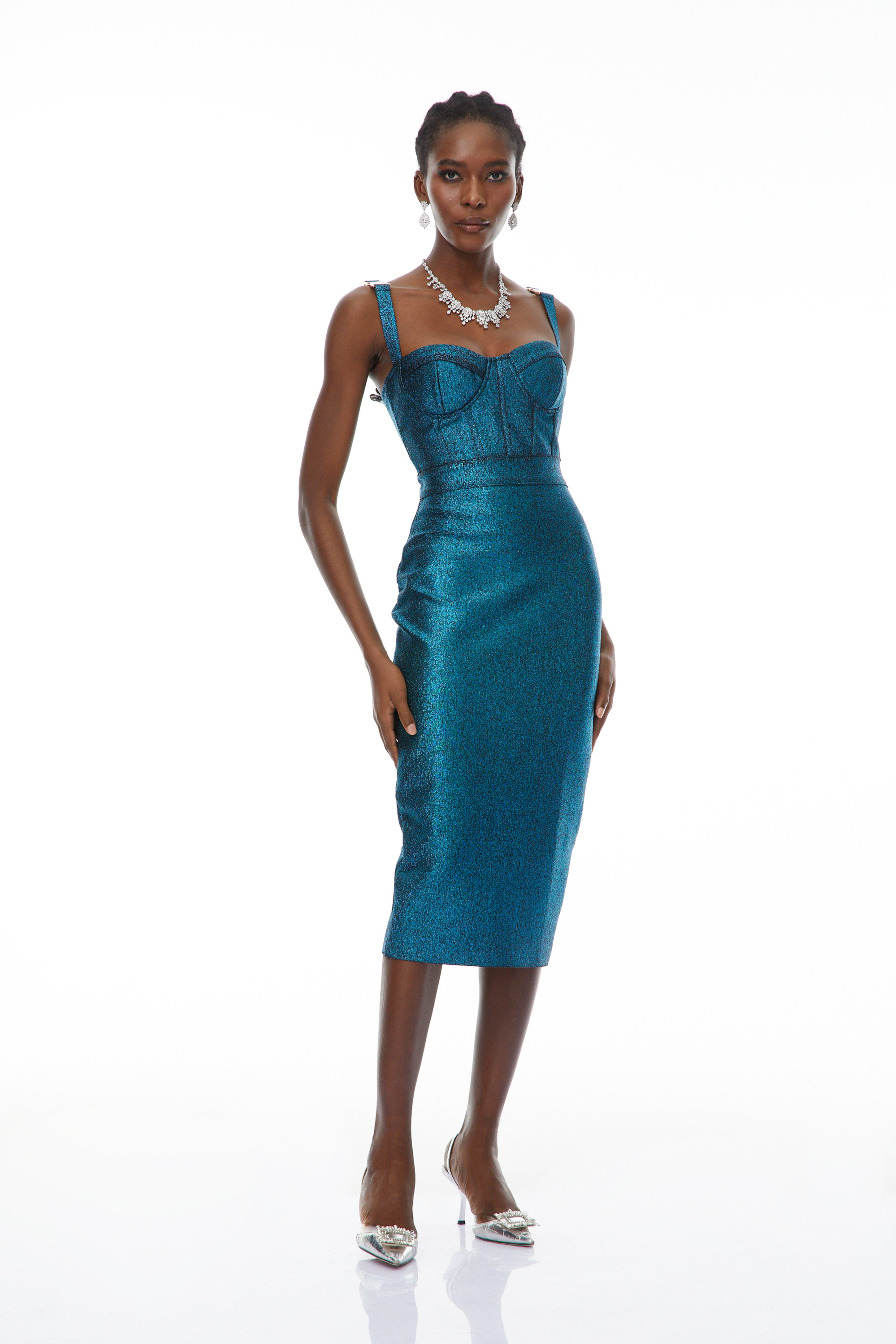 Edwina Blue Bandage Corset Midi Dress