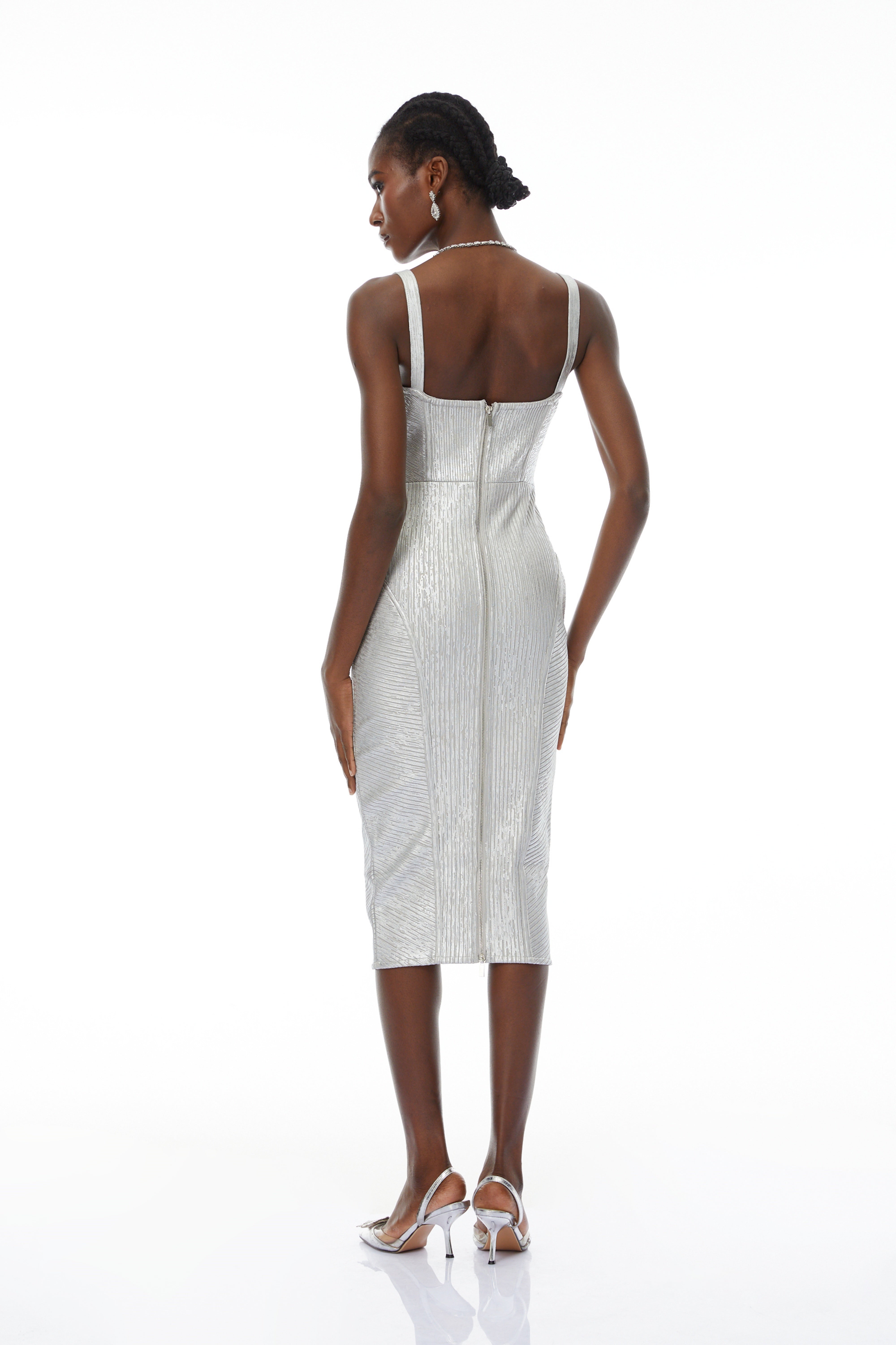 Eric Silver Cinched Waist Midi Dress