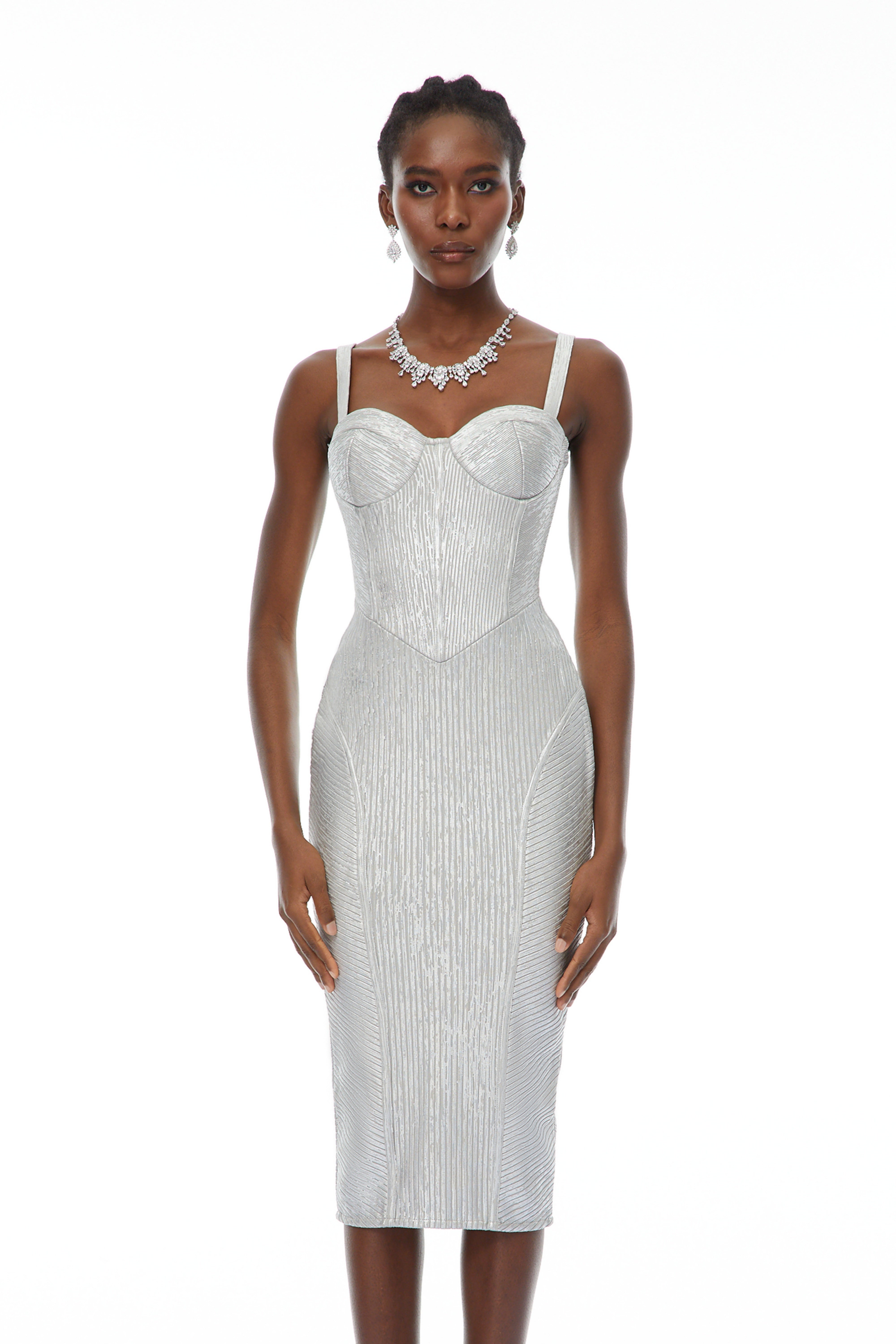 Eric Silver Cinched Waist Midi Dress