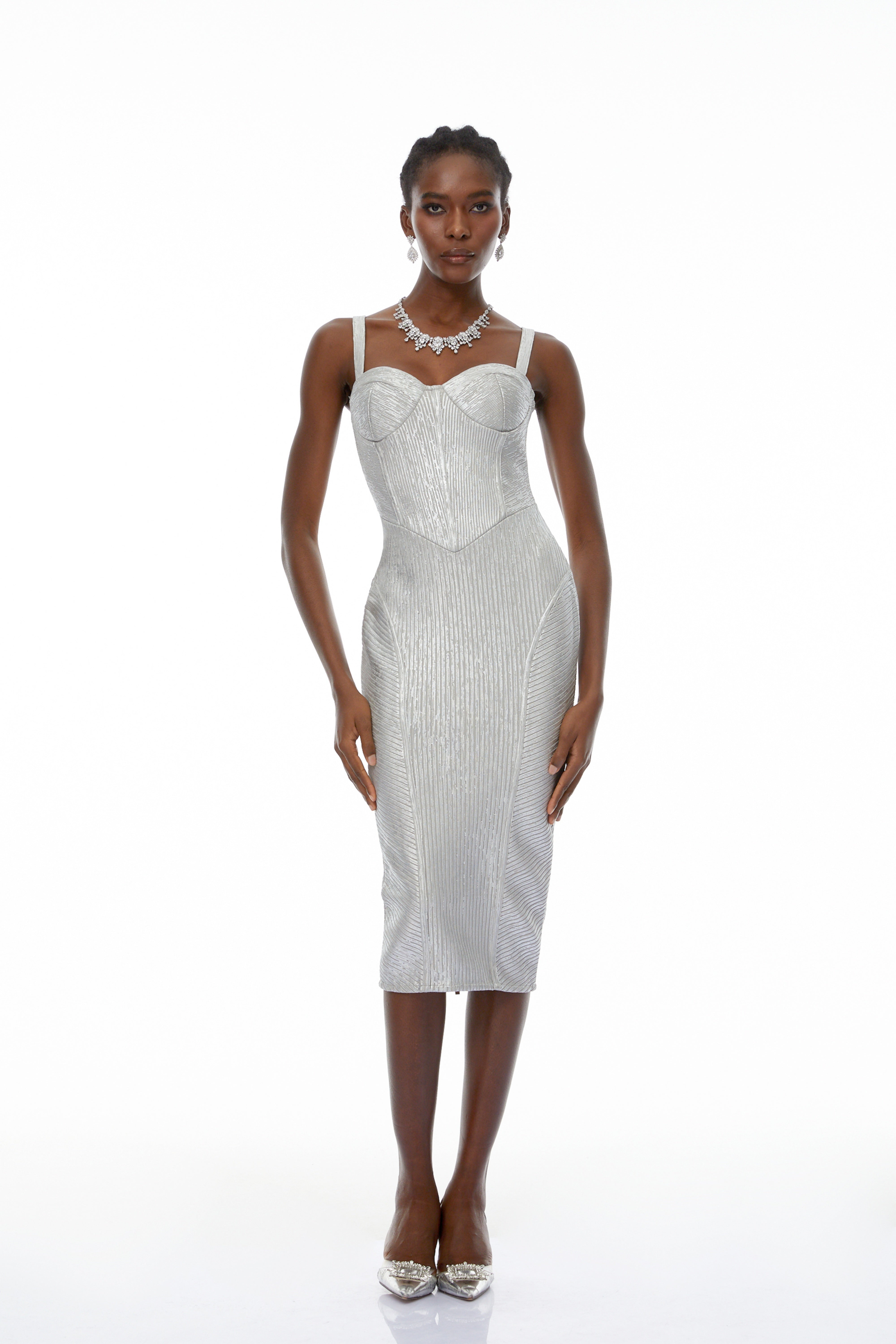 Eric Silver Cinched Waist Midi Dress