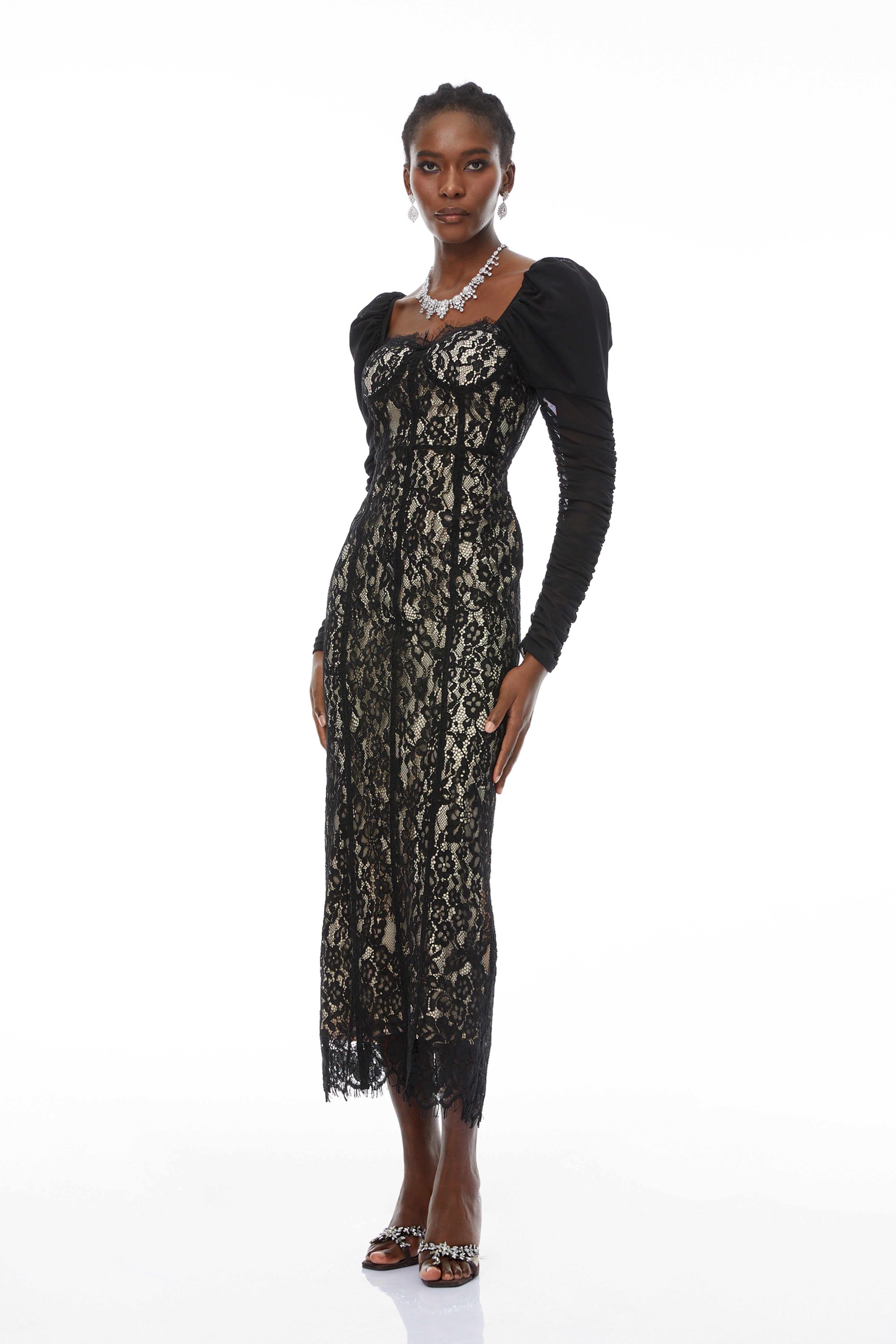 Beatrice Black Puff Sleeve Lace Maxi Dress
