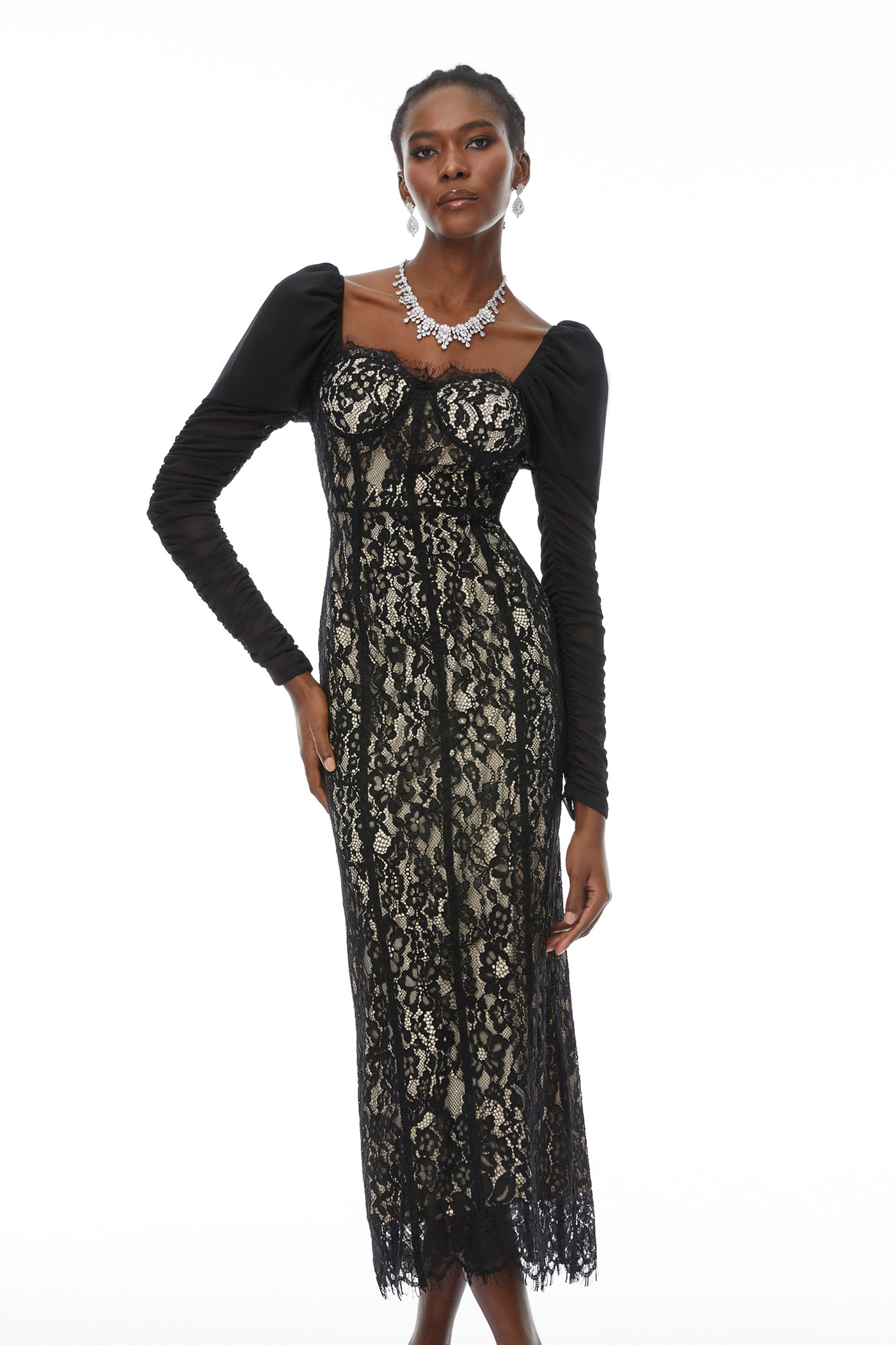 Beatrice Black Puff Sleeve Lace Maxi Dress