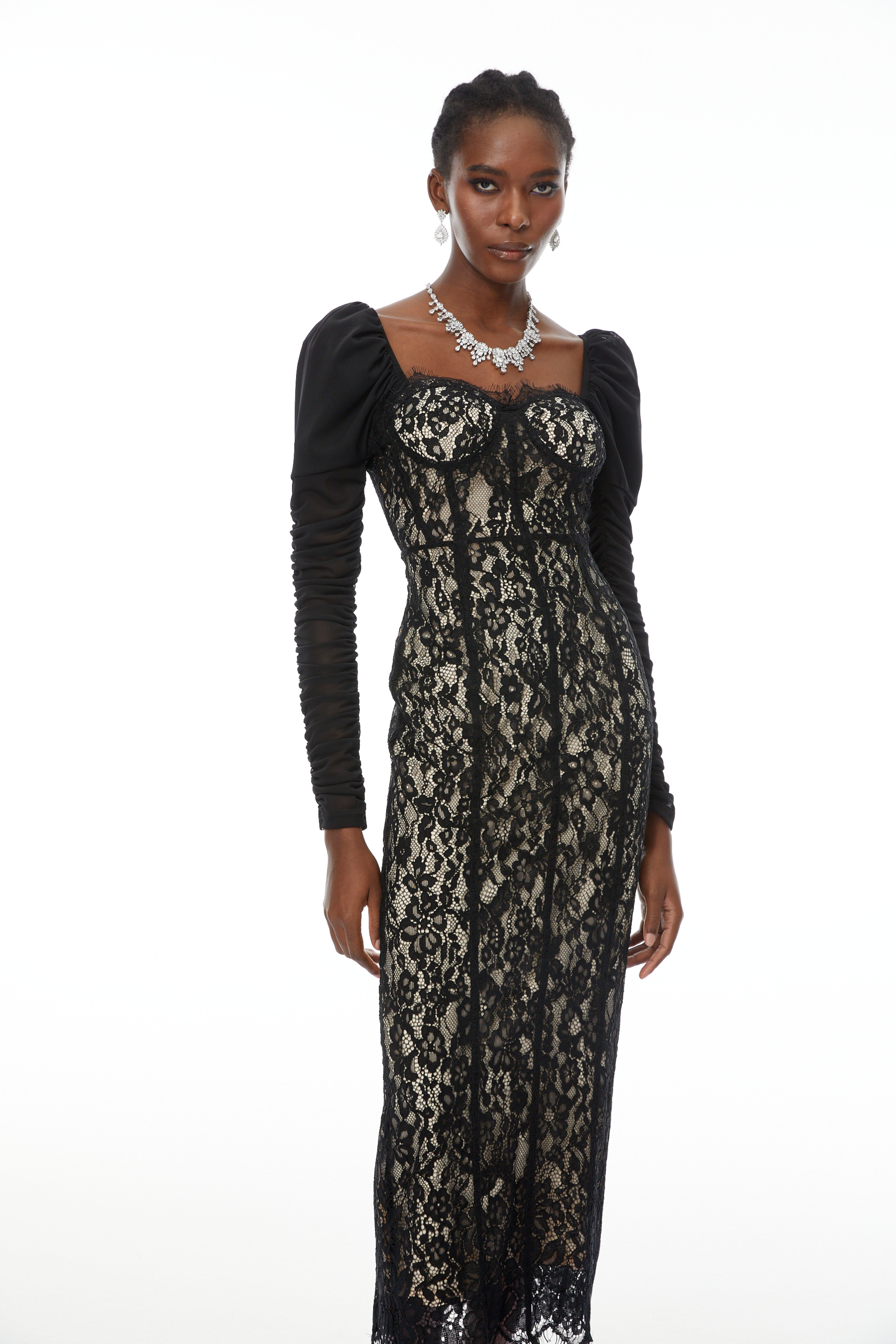 Beatrice Black Puff Sleeve Lace Maxi Dress