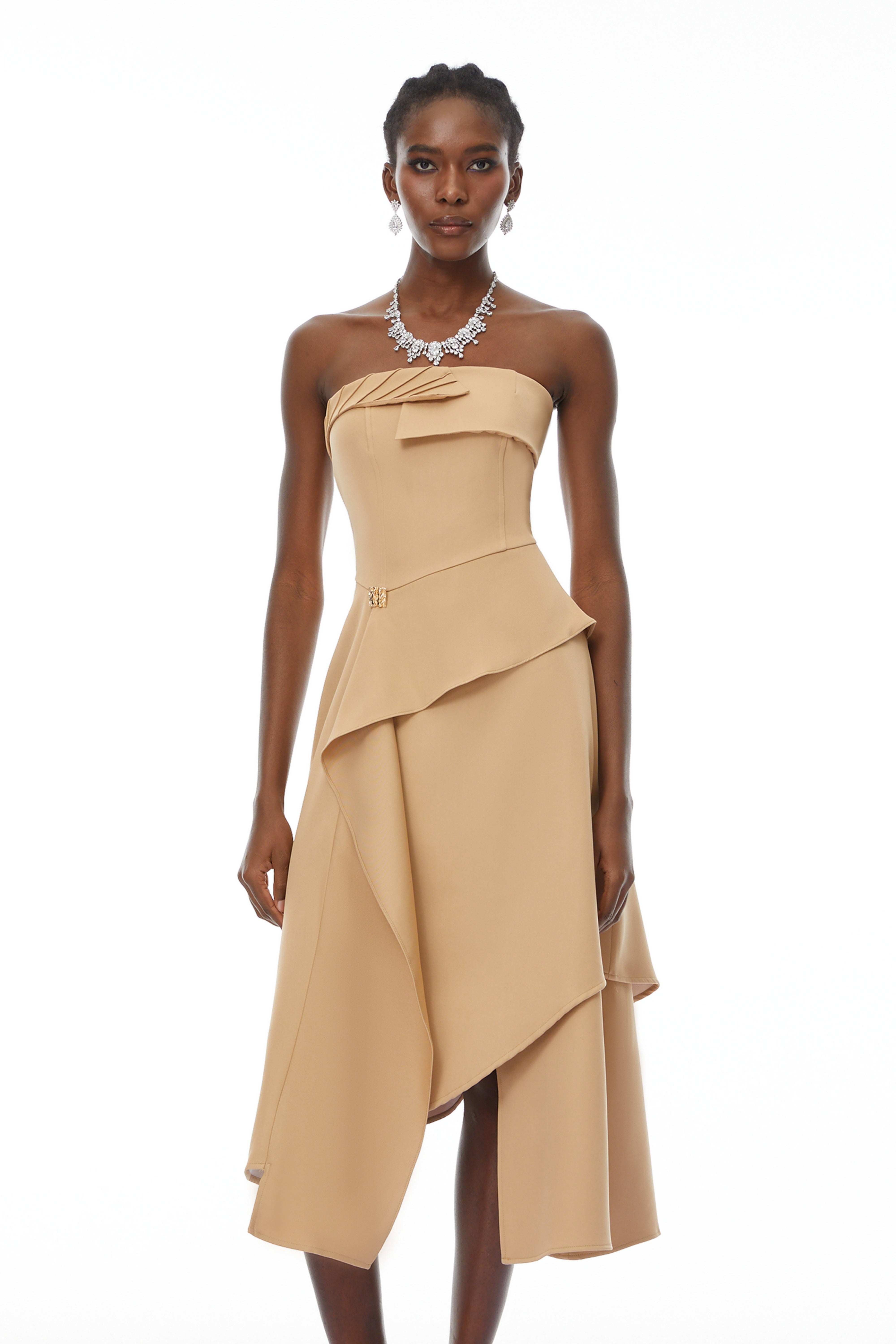 Mateo Khaki Off-Shoulder Asymmetrical Midi Dress
