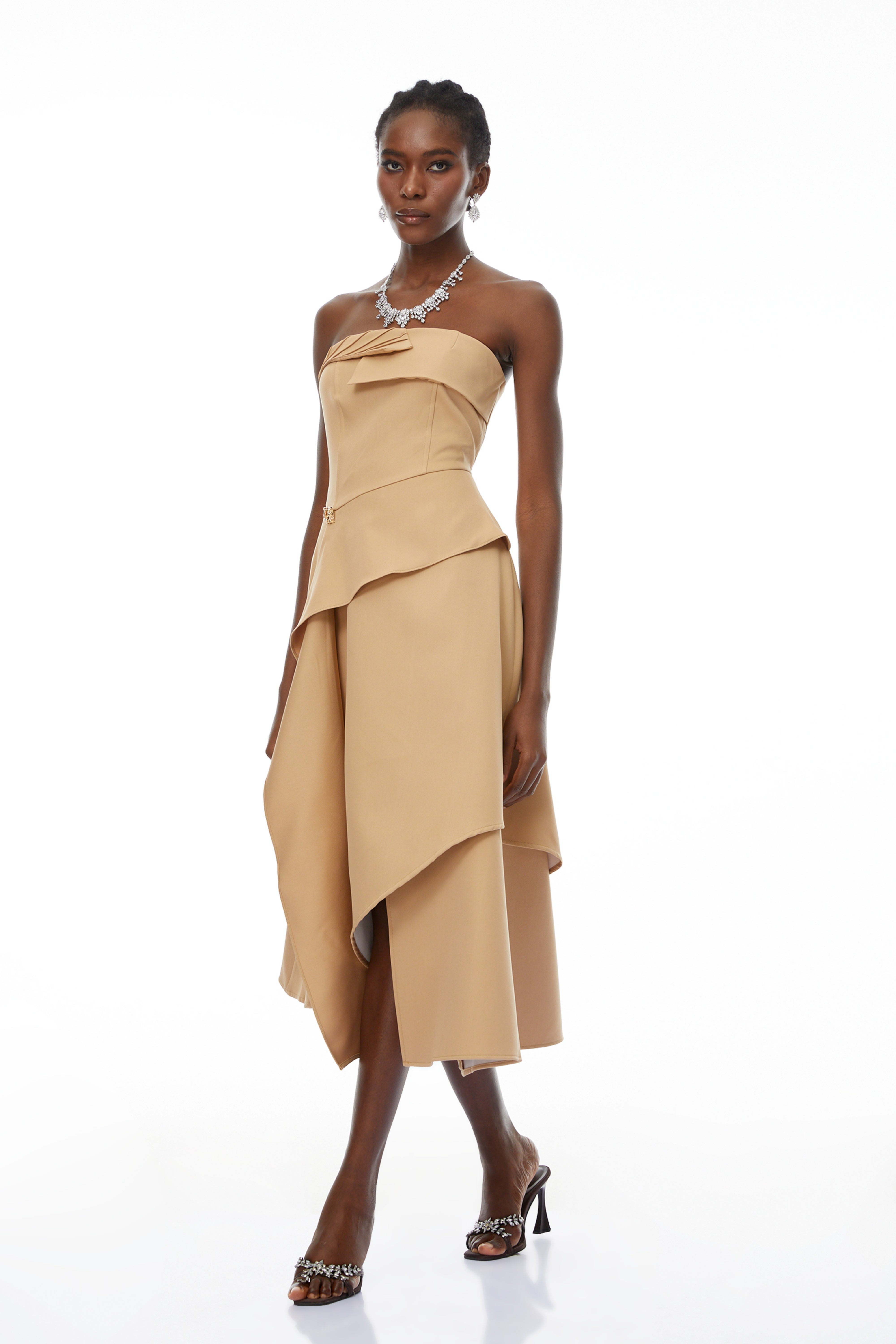Mateo Khaki Off-Shoulder Asymmetrical Midi Dress